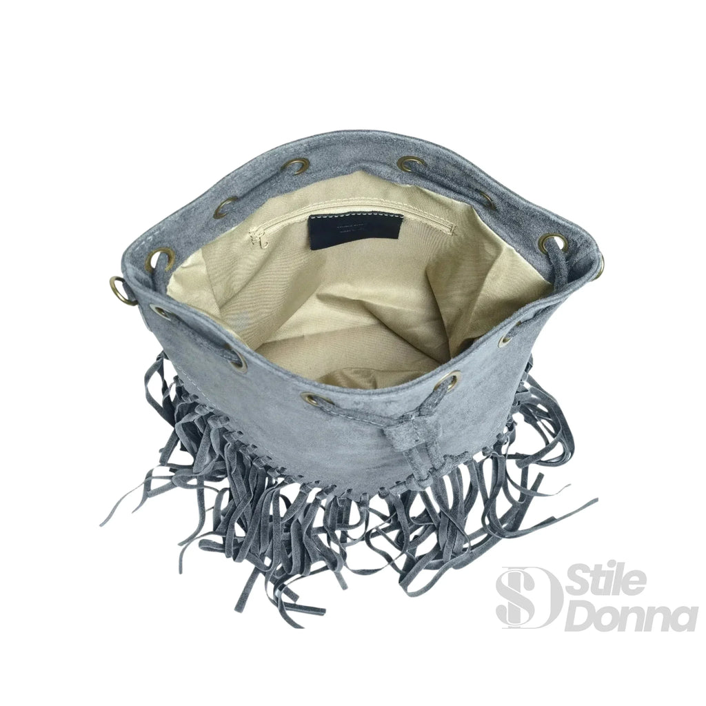 Borsa a Secchiello in Camoscio con Frange Tracolla Regolabile Leggera e Versatile per Uso Quotidiano