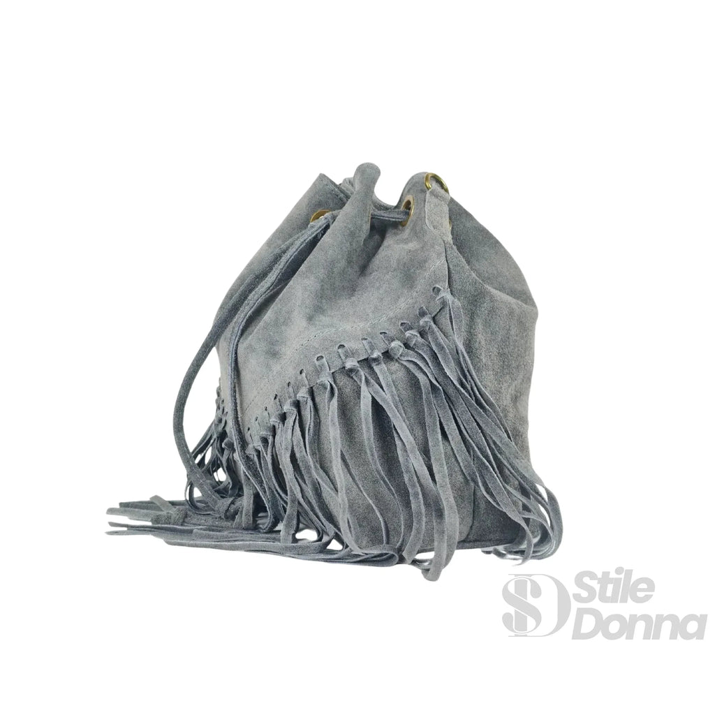 Borsa a Secchiello in Camoscio con Frange Tracolla Regolabile Leggera e Versatile per Uso Quotidiano