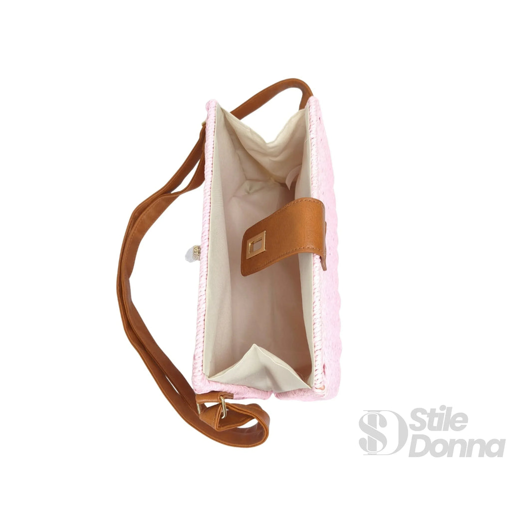 Borsa a Spalla Donna Intrecciata a Mano Paglia Naturale con Tracolla PU e Dettagli Dorati