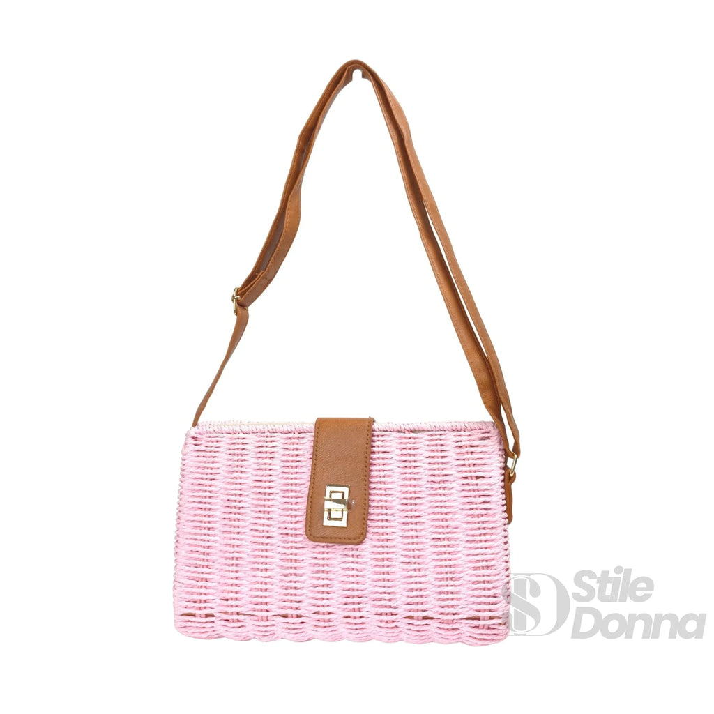 Borsa a Spalla Donna Intrecciata a Mano Paglia Naturale con Tracolla PU e Dettagli Dorati