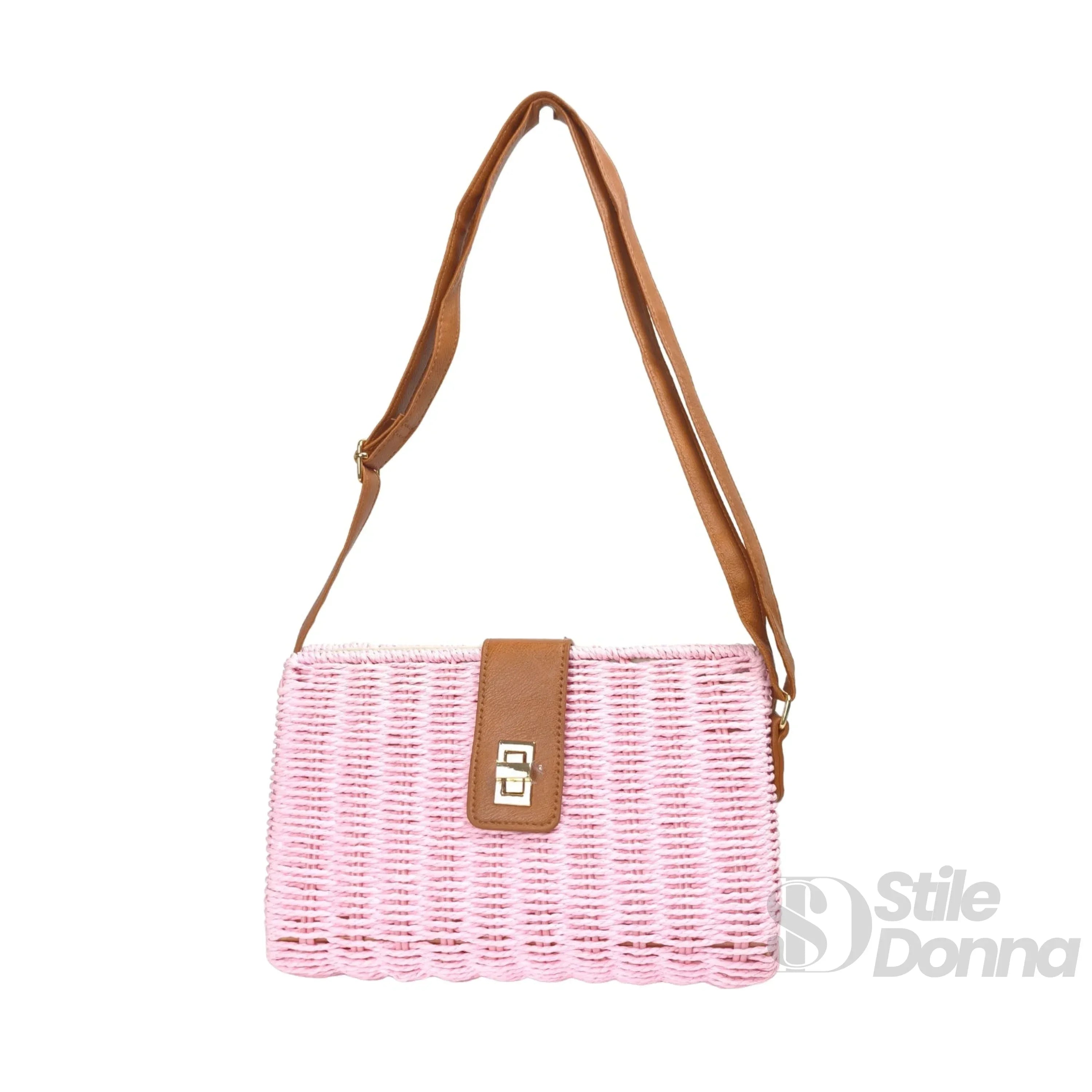 Borsa a Spalla Donna Intrecciata a Mano Paglia Naturale con Tracolla PU e Dettagli Dorati