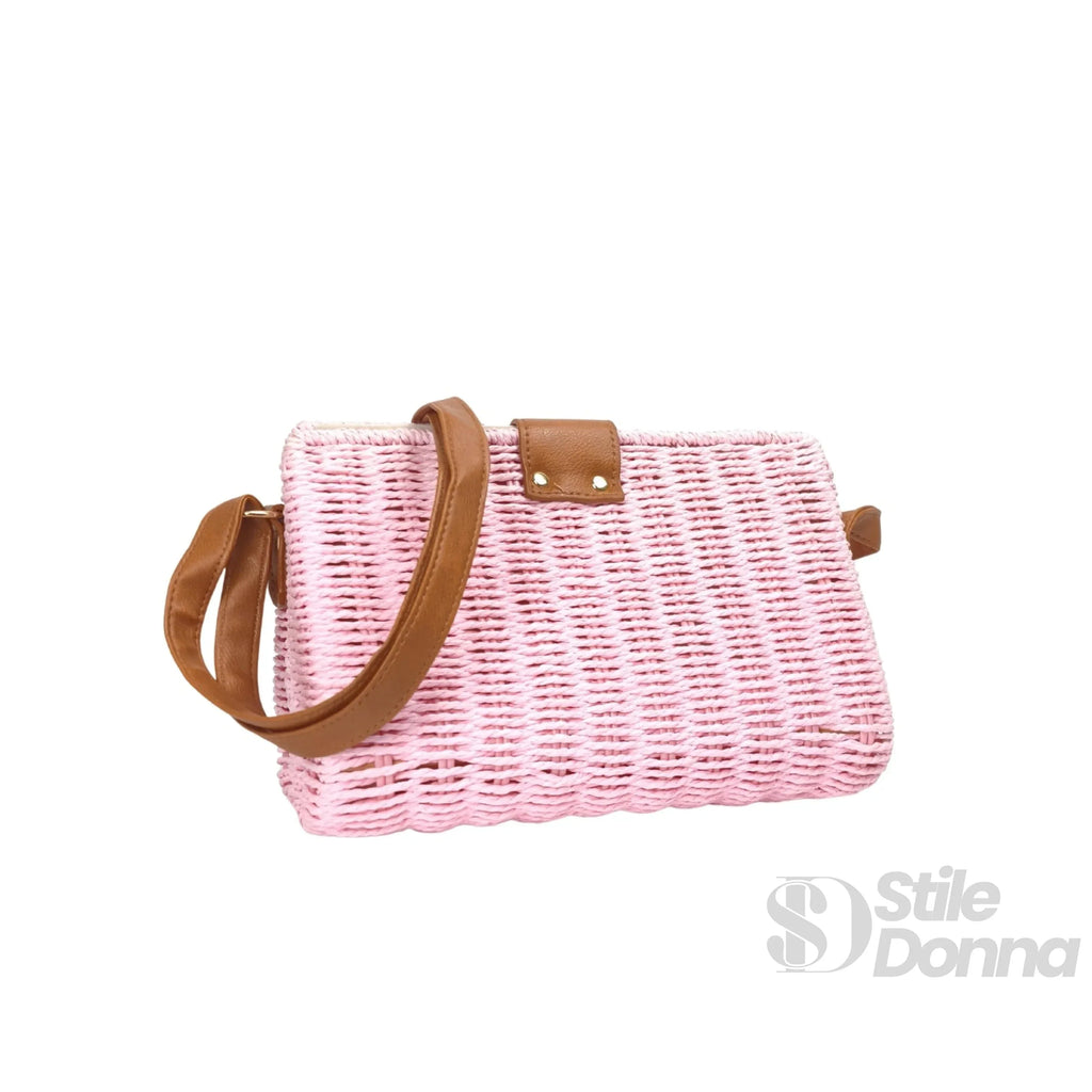 Borsa a Spalla Donna Intrecciata a Mano Paglia Naturale con Tracolla PU e Dettagli Dorati
