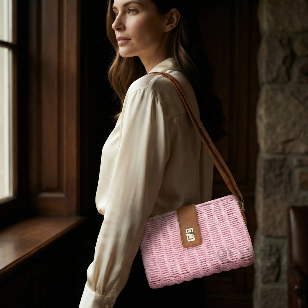 Borsa a Spalla Donna Intrecciata a Mano Paglia Naturale con Tracolla PU e Dettagli Dorati
