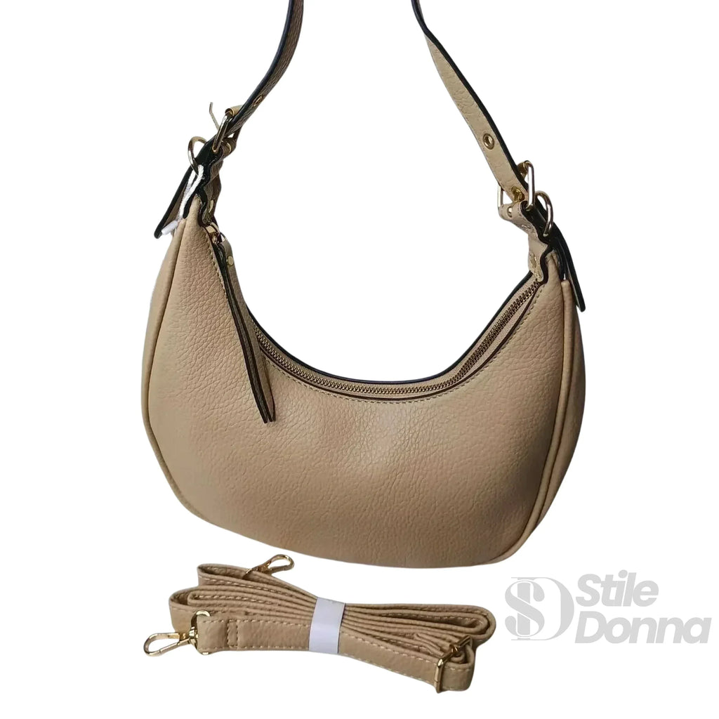 Borsa A Spalla Hobo In Ecopelle Beige Chiusura A Cerniera Interno Tessuto Dettagli Sobri
