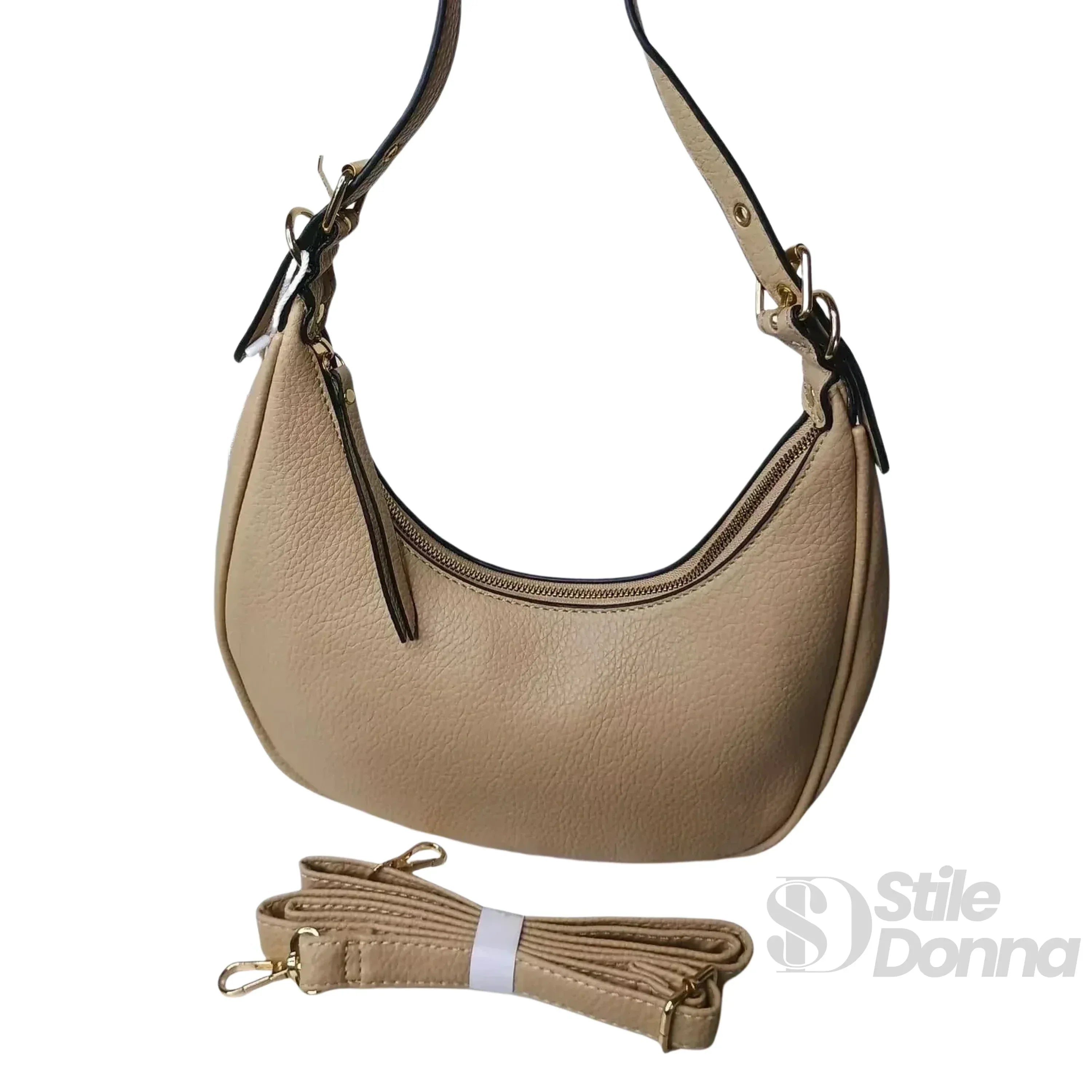 Borsa A Spalla Hobo In Ecopelle Beige Chiusura A Cerniera Interno Tessuto Dettagli Sobri