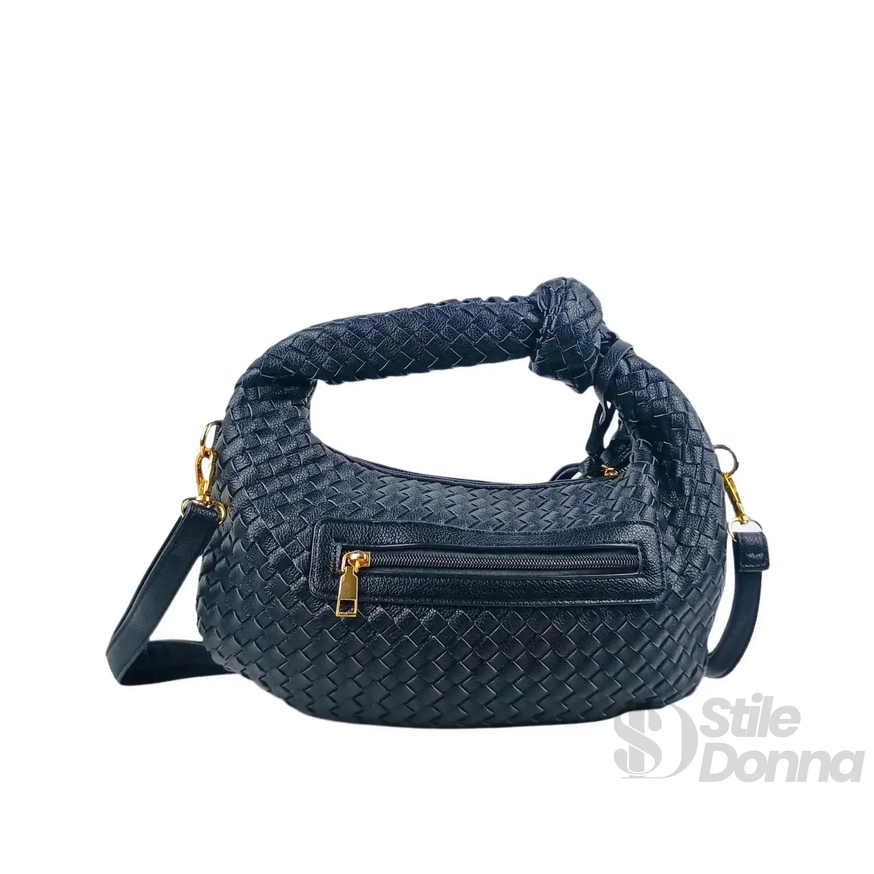 Borsa A Spalla In Pelle Intrecciata Con Manico A Nodo E Accessori In Acciaio Dorato