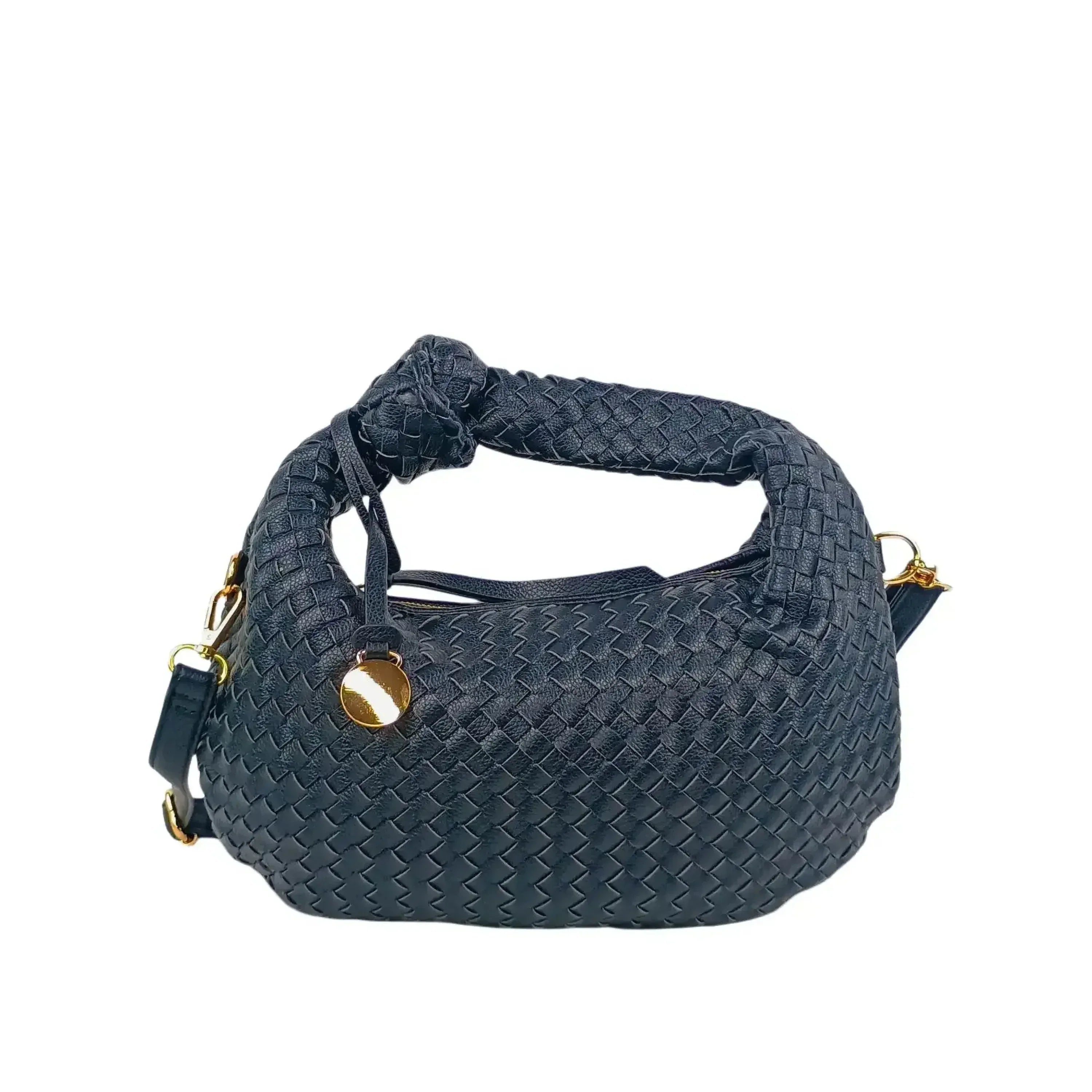 Borsa A Spalla In Pelle Intrecciata Con Manico A Nodo E Accessori In Acciaio Dorato