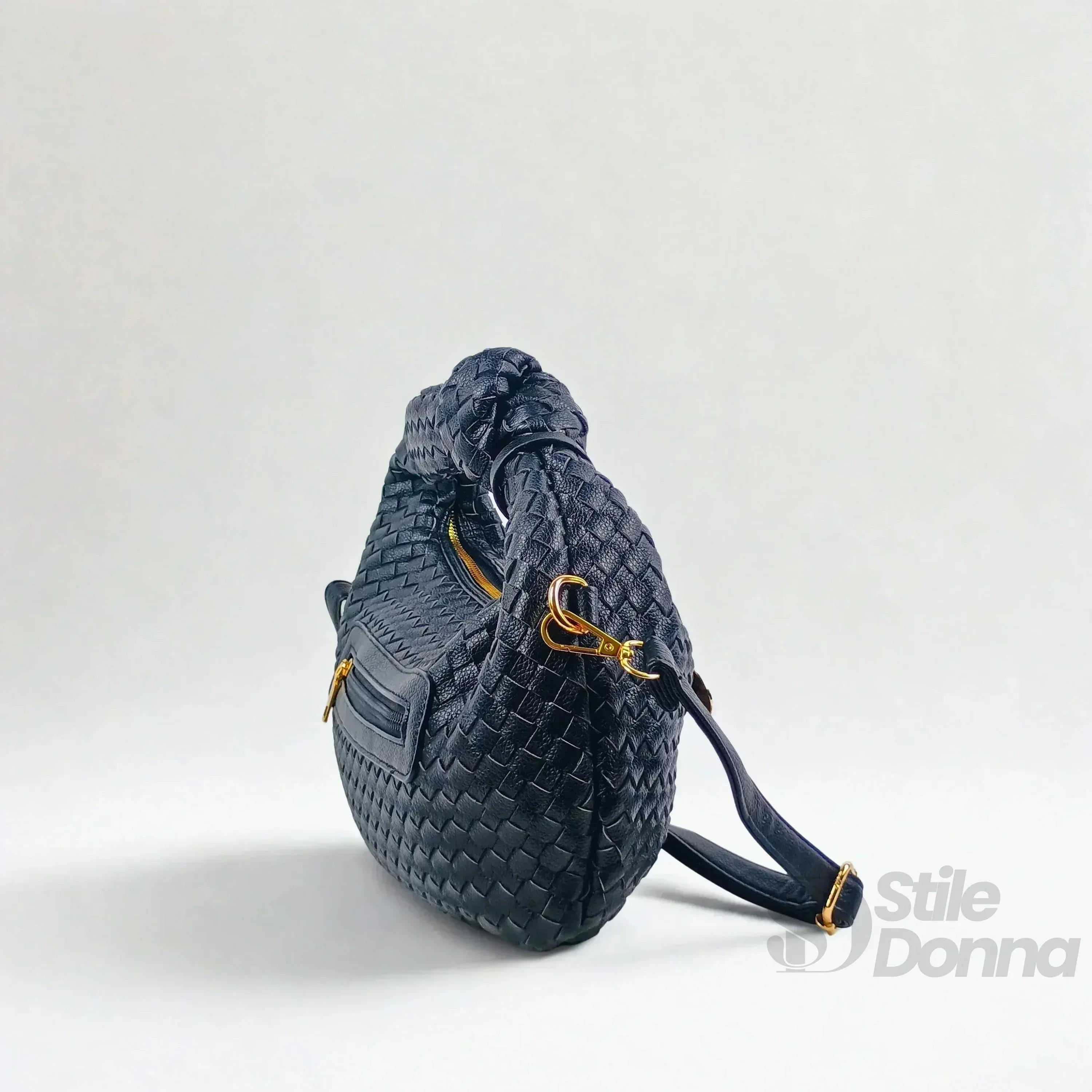 Borsa A Spalla In Pelle Intrecciata Con Manico A Nodo E Accessori In Acciaio Dorato