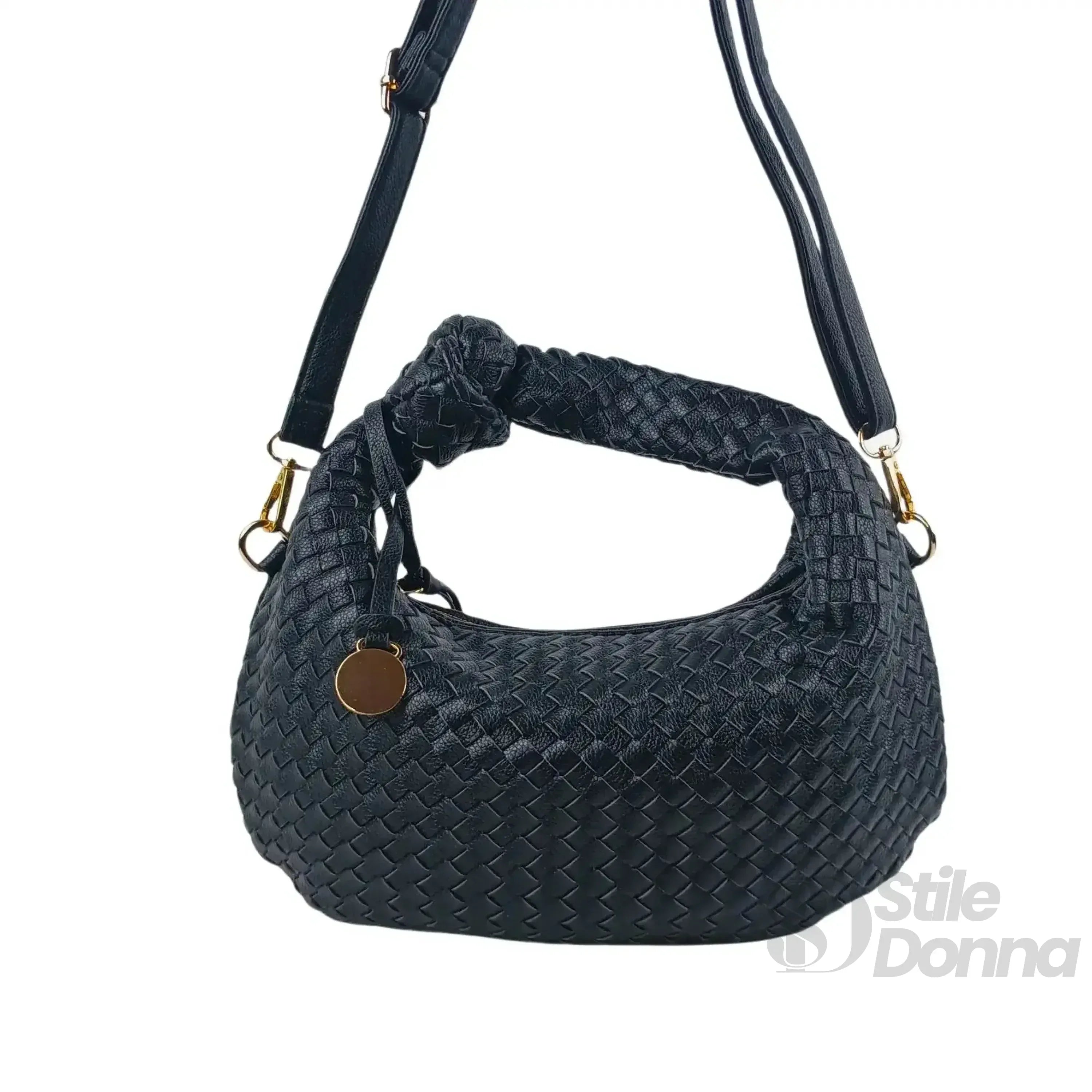 Borsa A Spalla In Pelle Intrecciata Con Manico A Nodo E Accessori In Acciaio Dorato