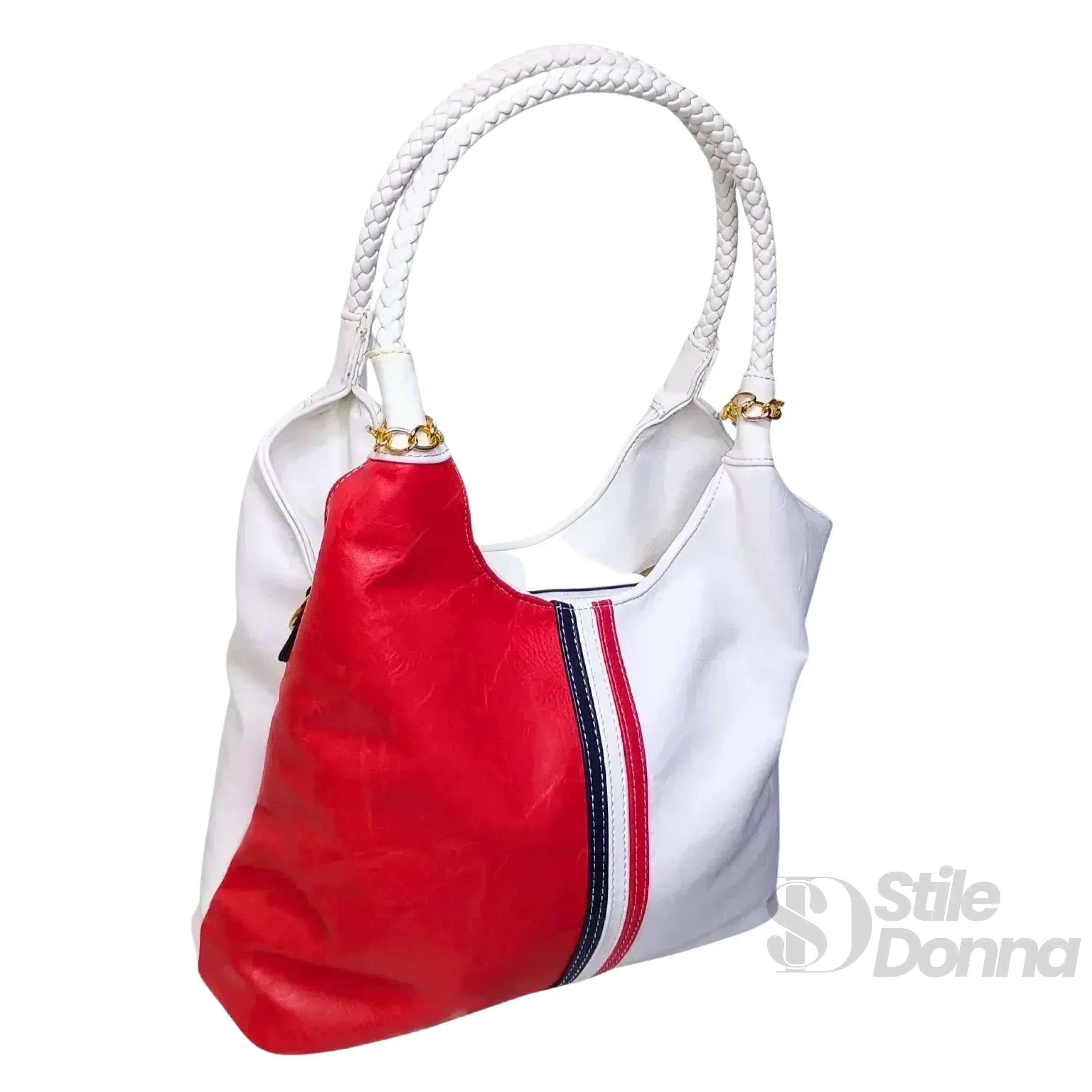 Borsa A Spalla In Ecopelle Tricolore Con Manici Intrecciati Dettagli In Metallo Dorato Elegante