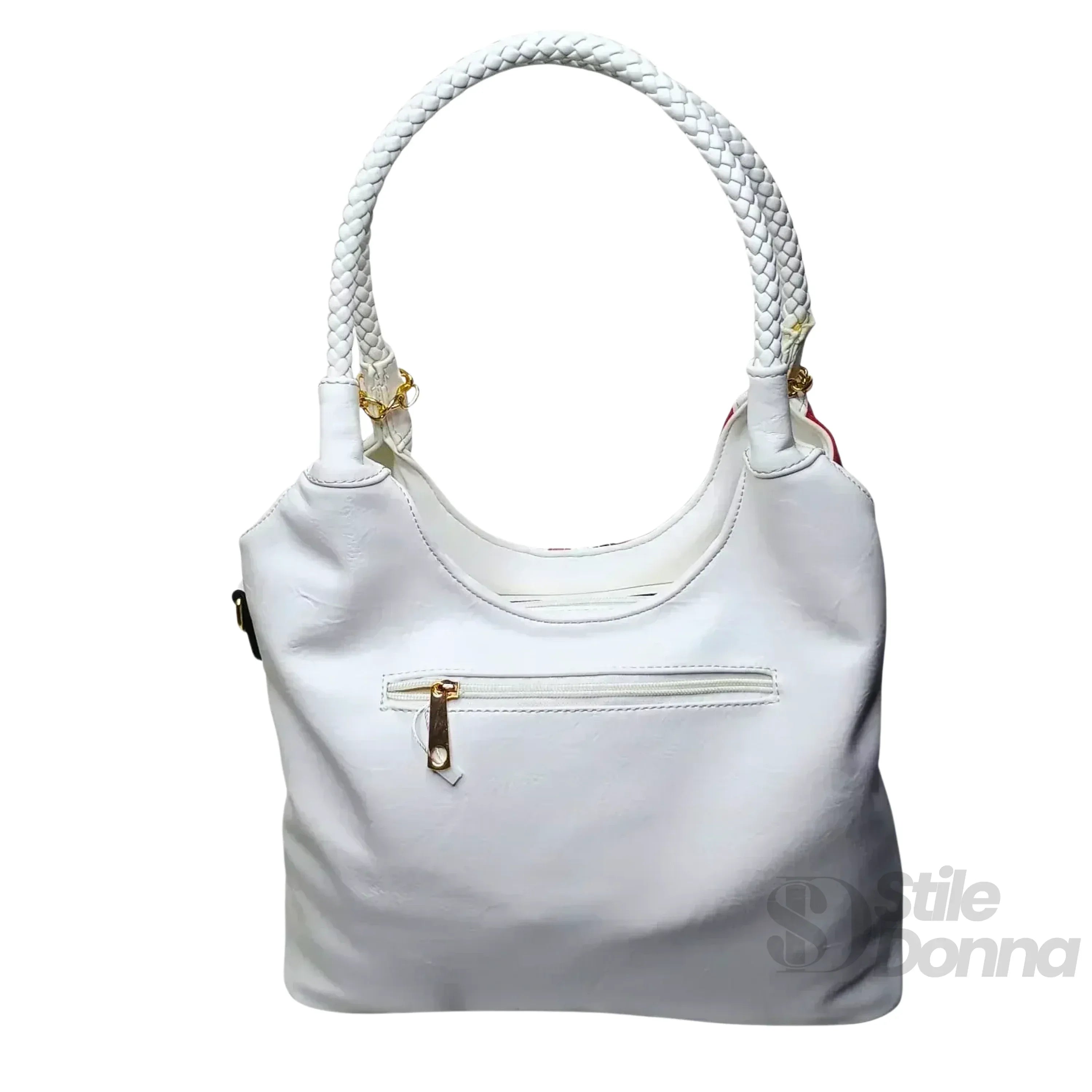 Borsa A Spalla In Ecopelle Tricolore Con Manici Intrecciati Dettagli In Metallo Dorato Elegante