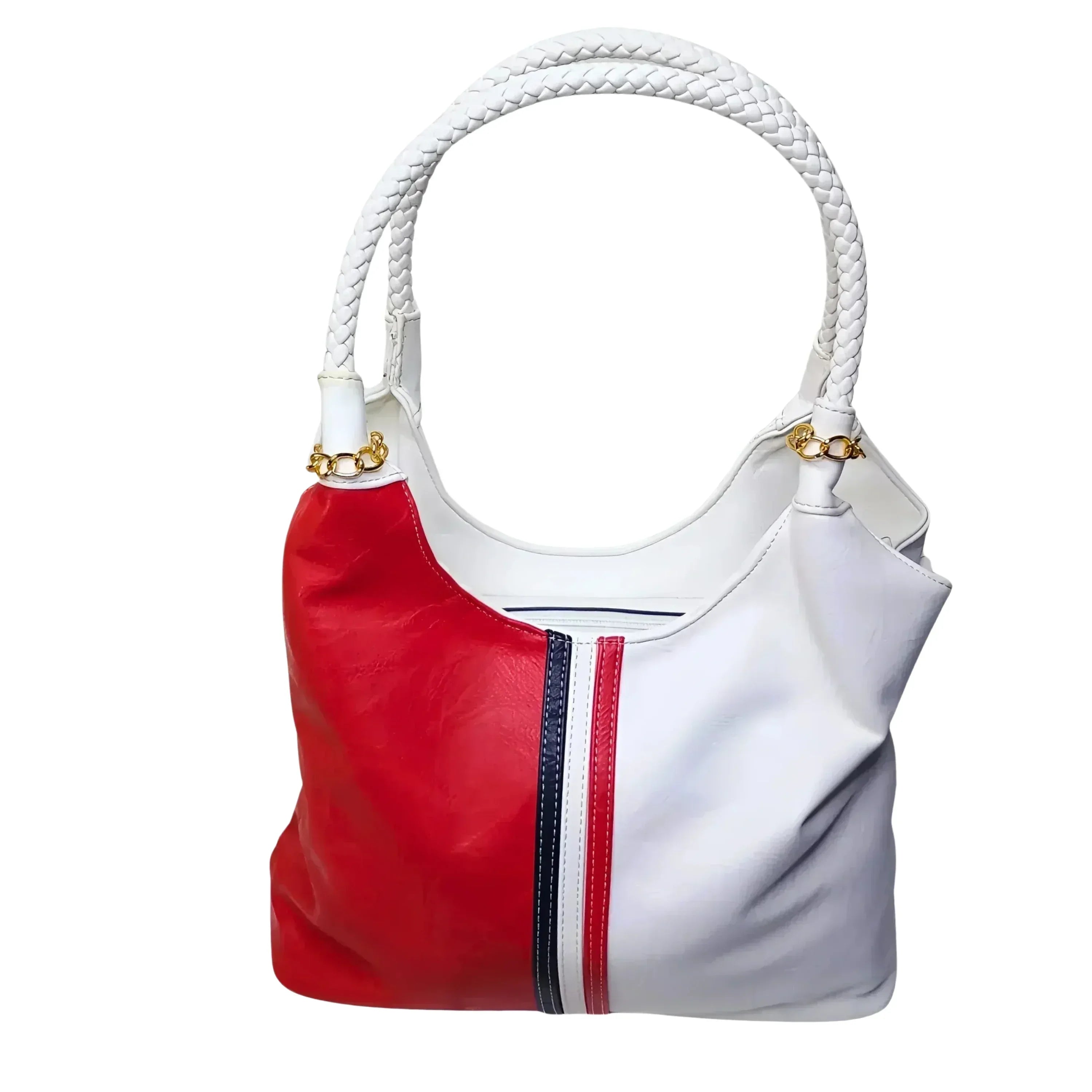 Borsa A Spalla In Ecopelle Tricolore Con Manici Intrecciati Dettagli In Metallo Dorato Elegante