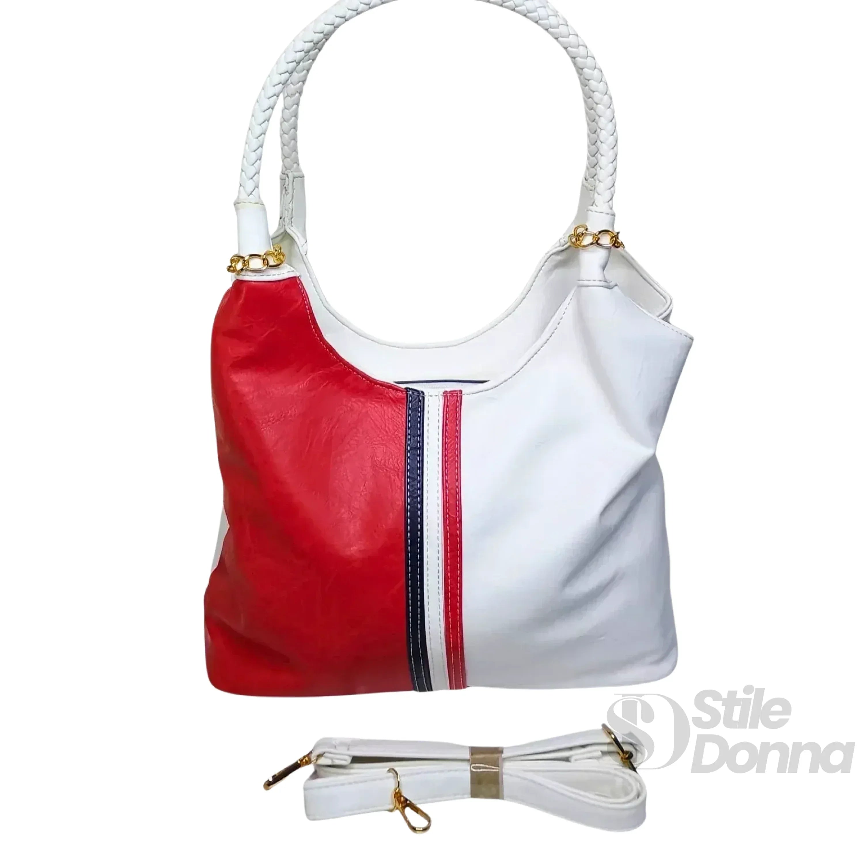 Borsa A Spalla In Ecopelle Tricolore Con Manici Intrecciati Dettagli In Metallo Dorato Elegante