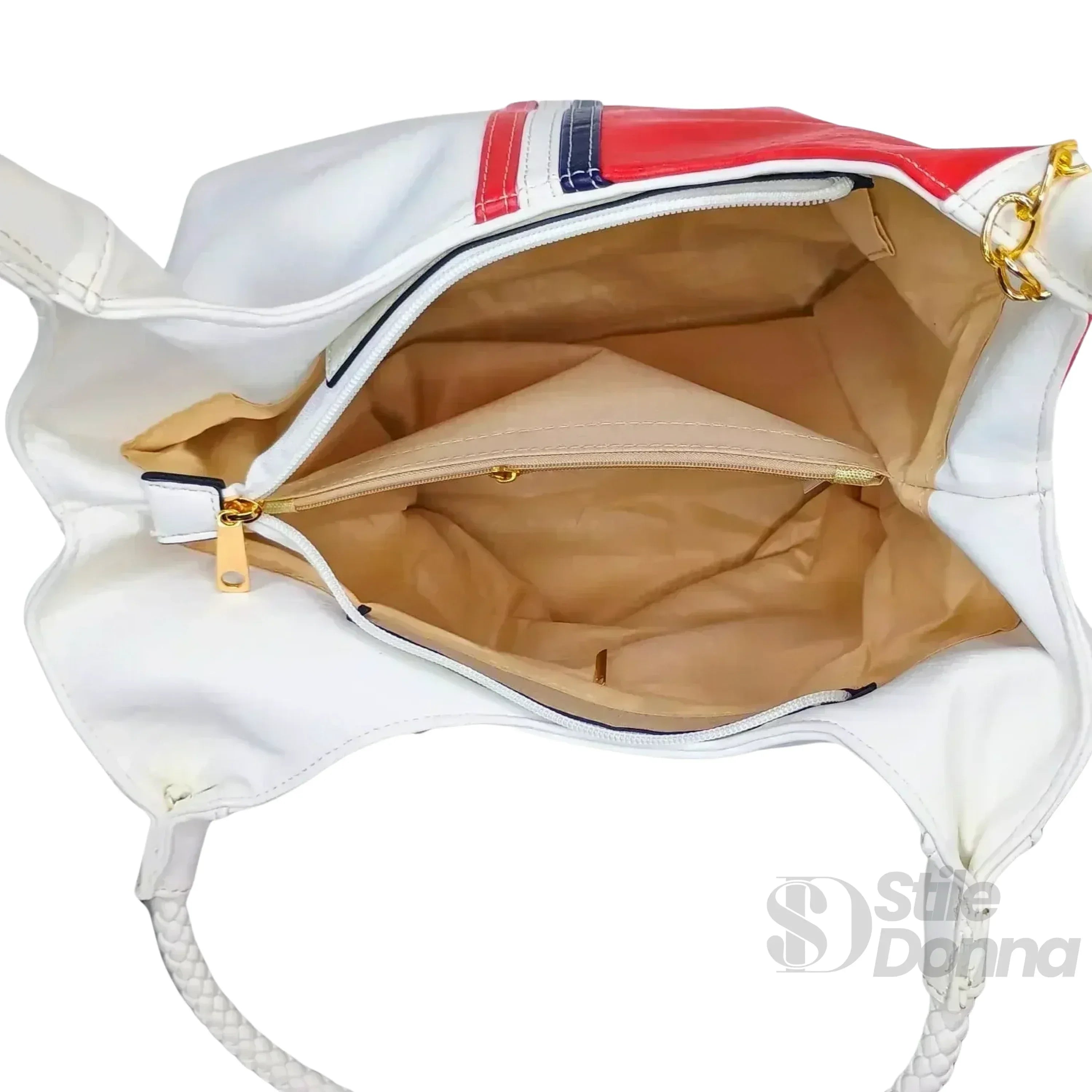 Borsa A Spalla In Ecopelle Tricolore Con Manici Intrecciati Dettagli In Metallo Dorato Elegante