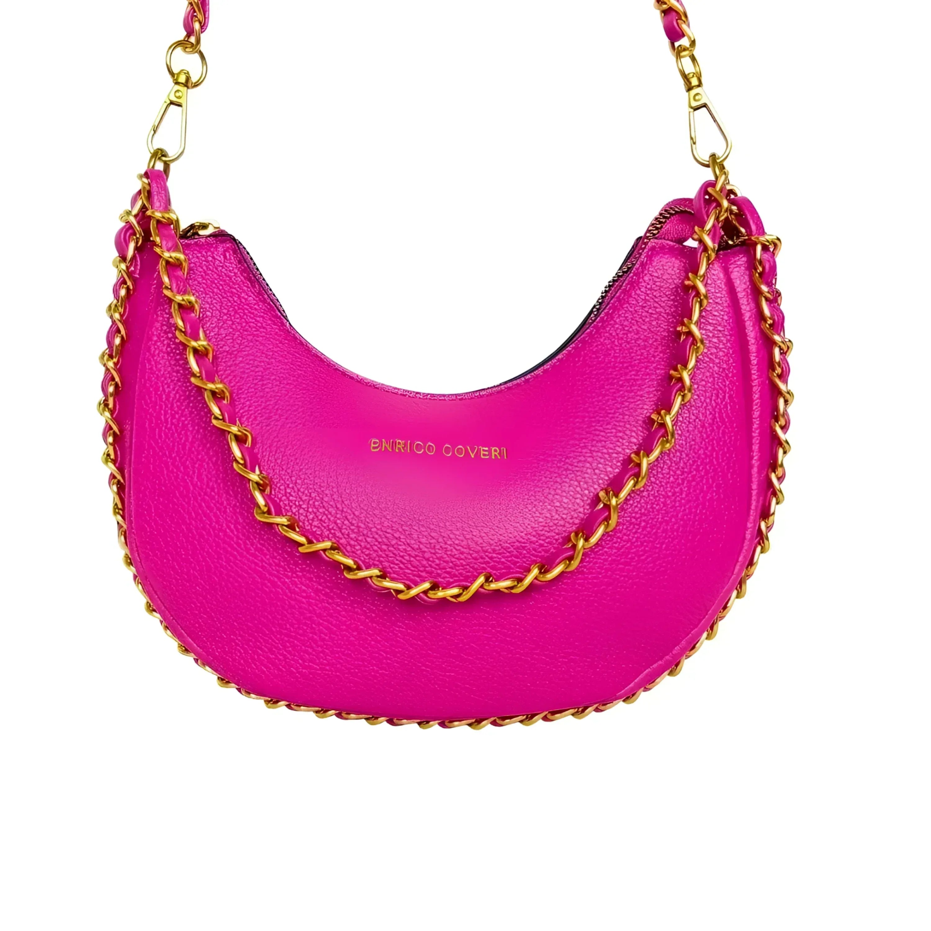 Enrico Coveri Borsa A Spalla Rosa Con Tracolla A Catena In Ecopelle Con Finiture Oro Chiusura A Zip