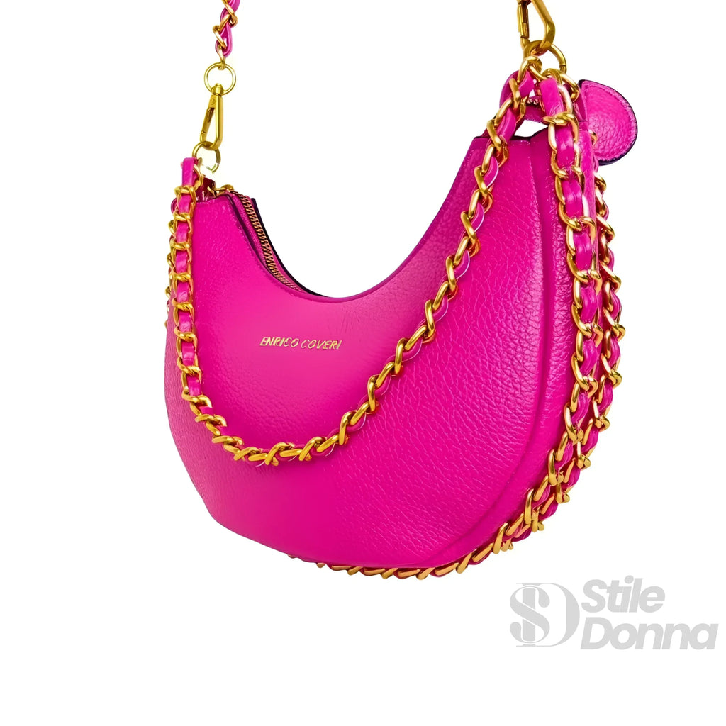 Enrico Coveri Borsa A Spalla Rosa Con Tracolla A Catena In Ecopelle Con Finiture Oro Chiusura A Zip