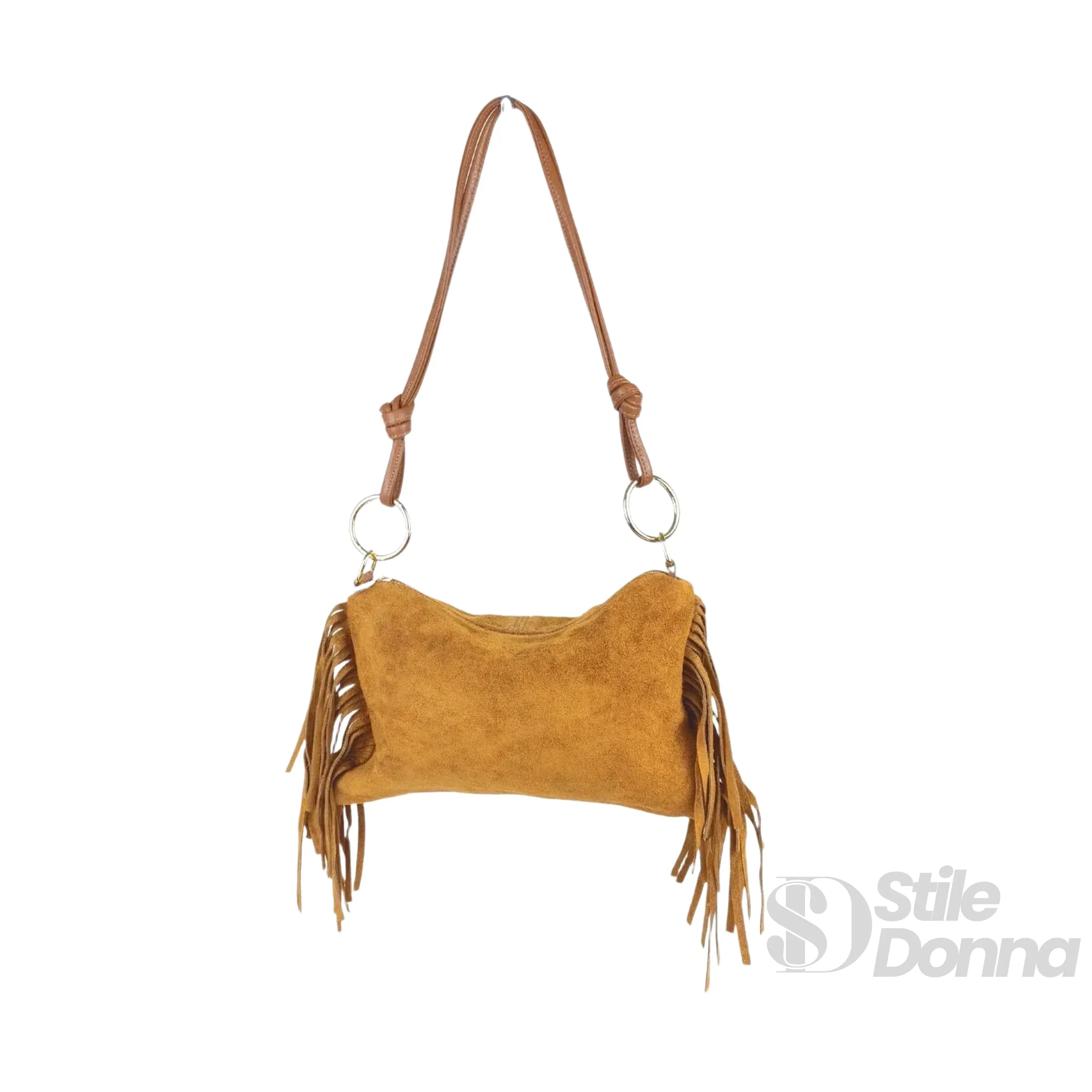 Borsa a tracolla Camilla Boho in pelle scamosciata con frange e dettagli dorati, regolabile ed elegante.