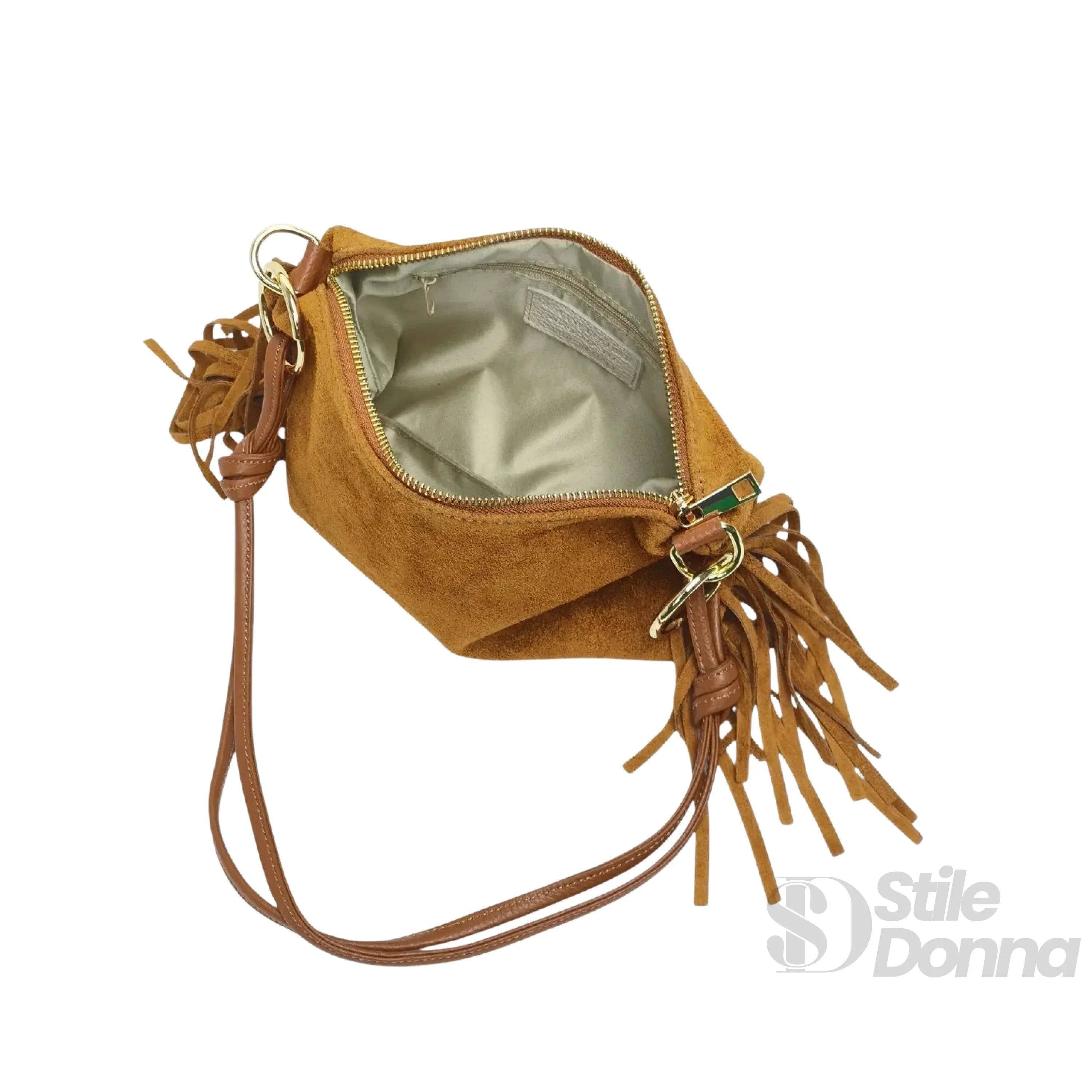 Borsa a tracolla Camilla Boho in pelle scamosciata con frange e dettagli dorati, regolabile ed elegante.