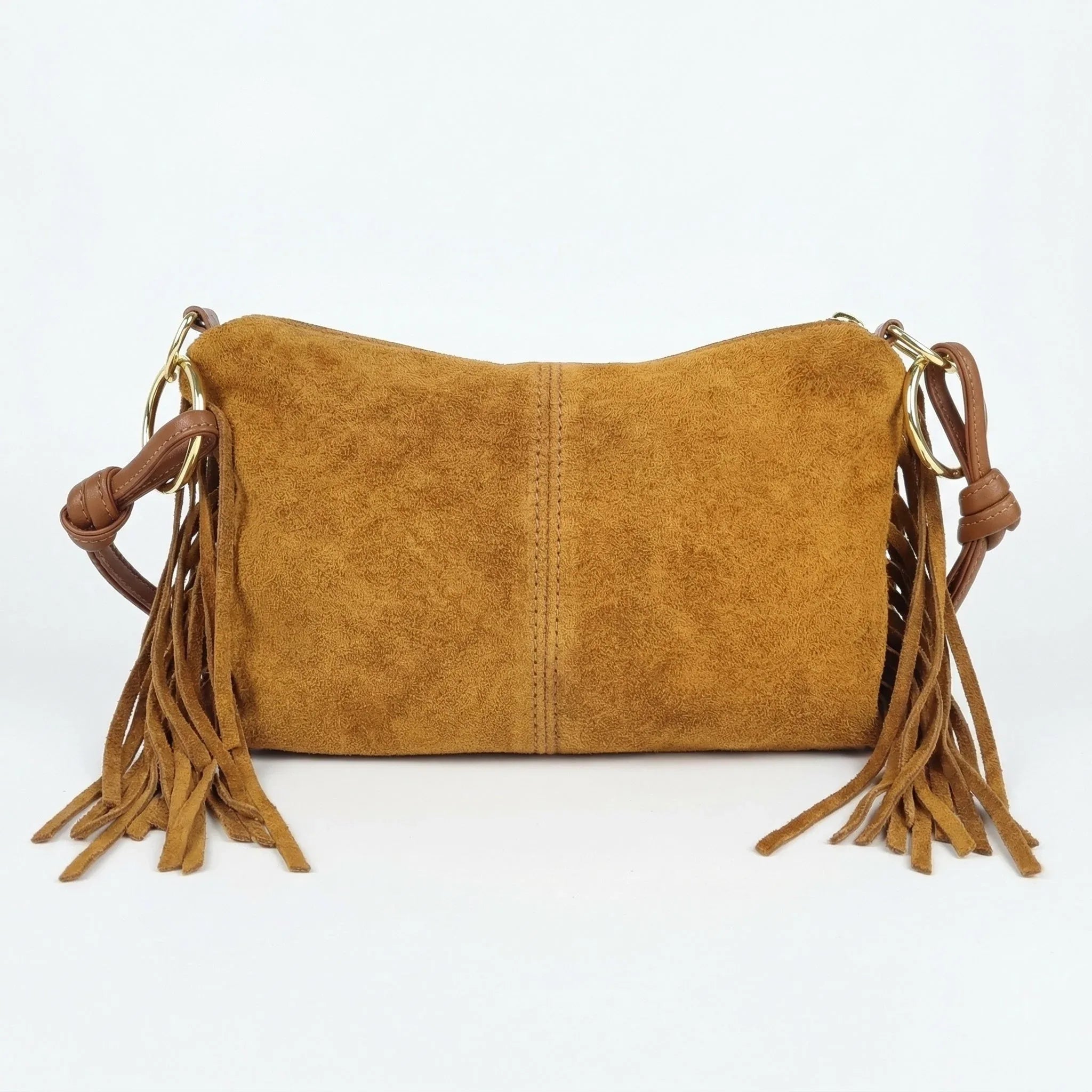 Borsa a tracolla Camilla Boho in pelle scamosciata con frange e dettagli dorati, regolabile ed elegante.