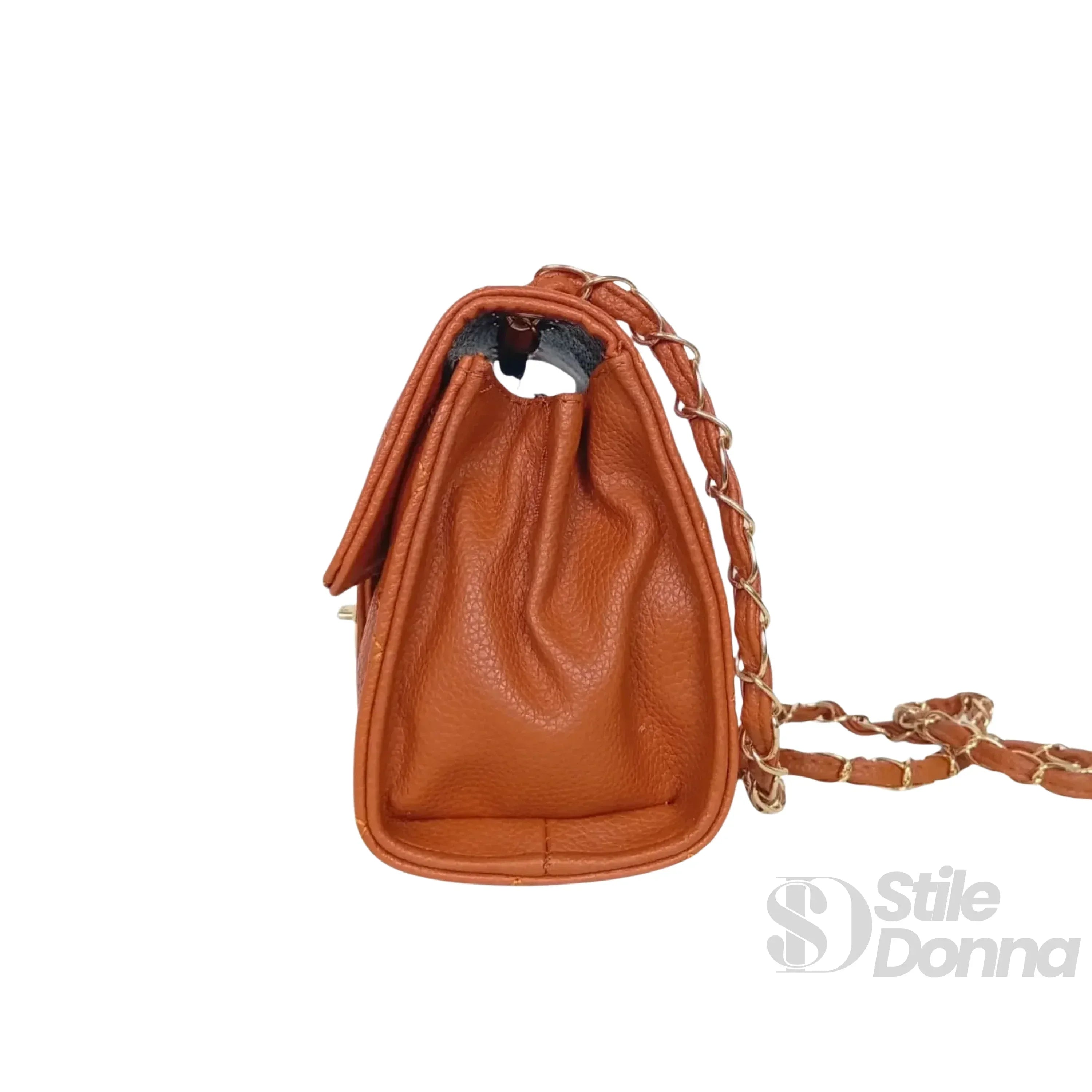 Borsa a Tracolla in Ecopelle Marrone con Catena Oro Interno in Tessuto Chiusura Sicura