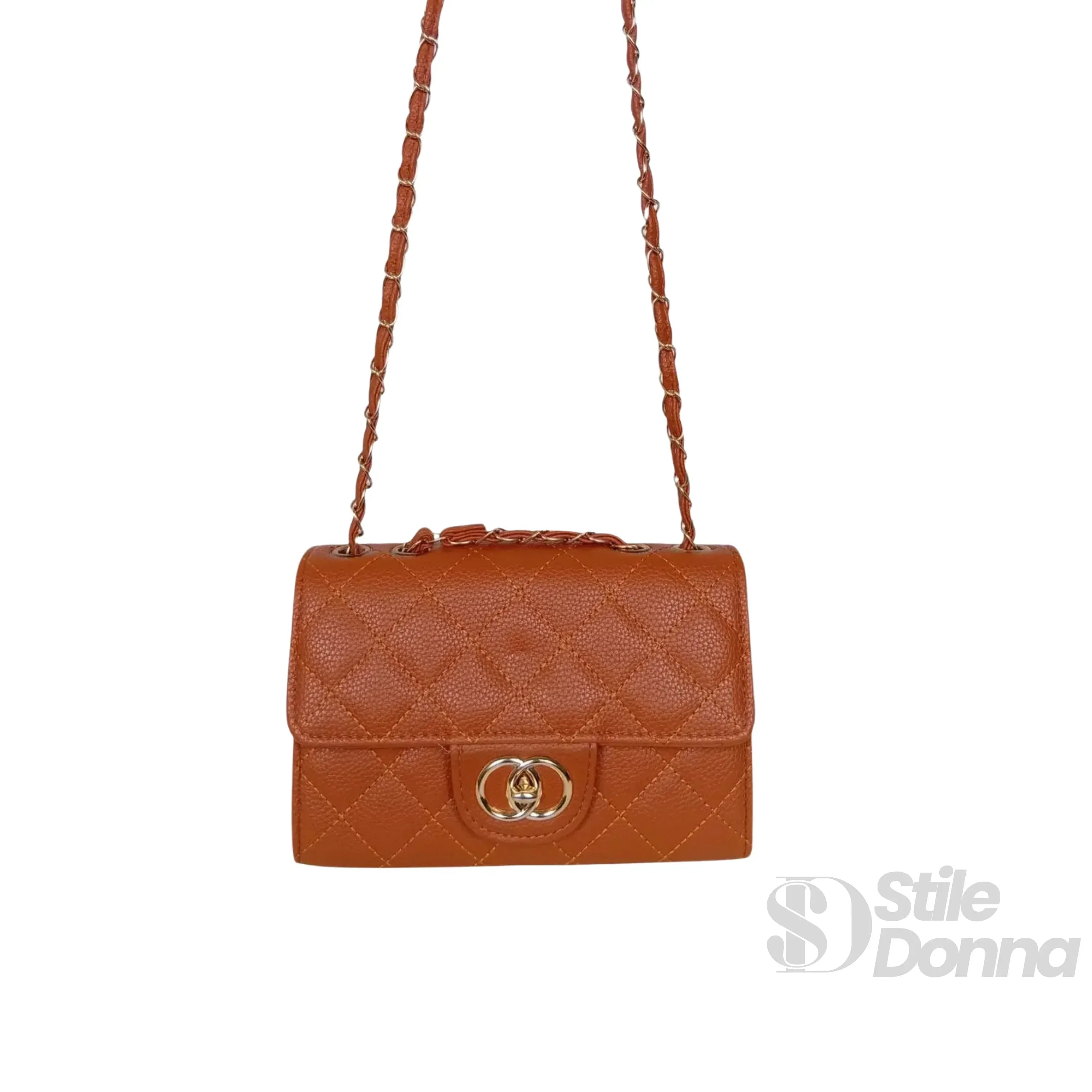 Borsa a Tracolla in Ecopelle Marrone con Catena Oro Interno in Tessuto Chiusura Sicura
