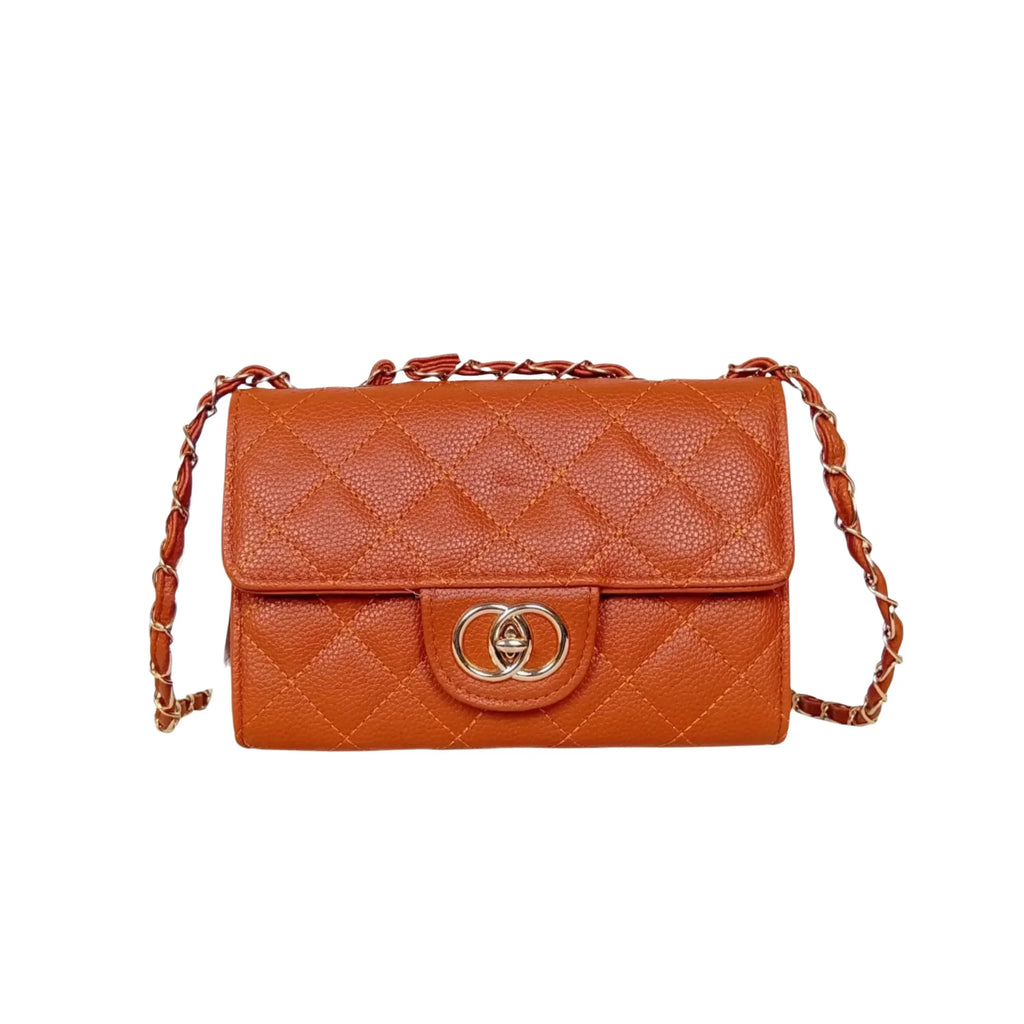 Borsa a Tracolla in Ecopelle Marrone con Catena Oro Interno in Tessuto Chiusura Sicura