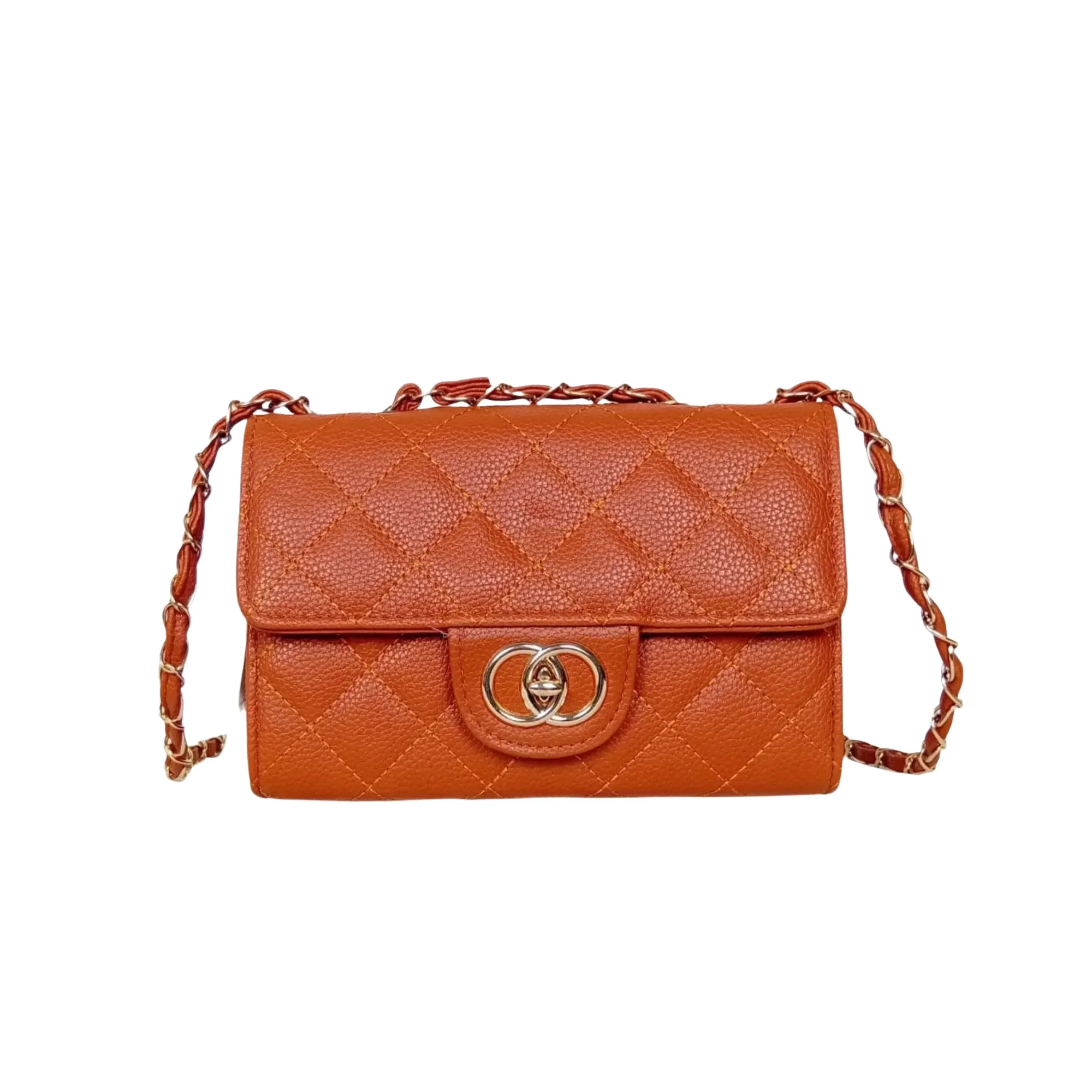 Borsa a Tracolla in Ecopelle Marrone con Catena Oro Interno in Tessuto Chiusura Sicura