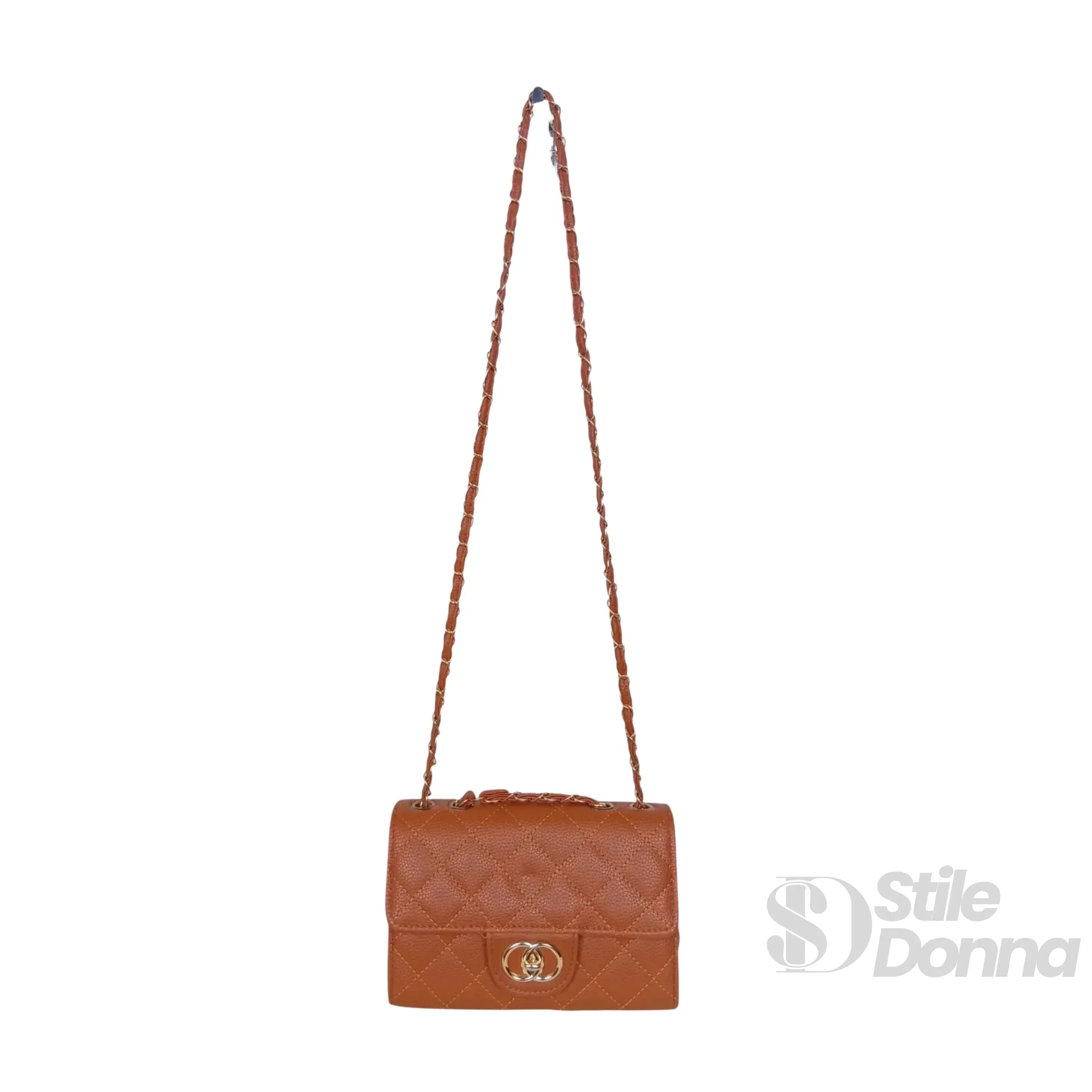Borsa a Tracolla in Ecopelle Marrone con Catena Oro Interno in Tessuto Chiusura Sicura