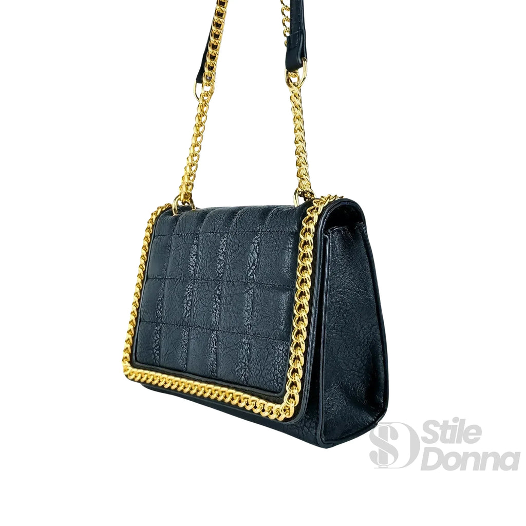 Borsa A Tracolla Nera Trapuntata In Ecopelle Con Catena Dorata Per Tutte Le Occasioni