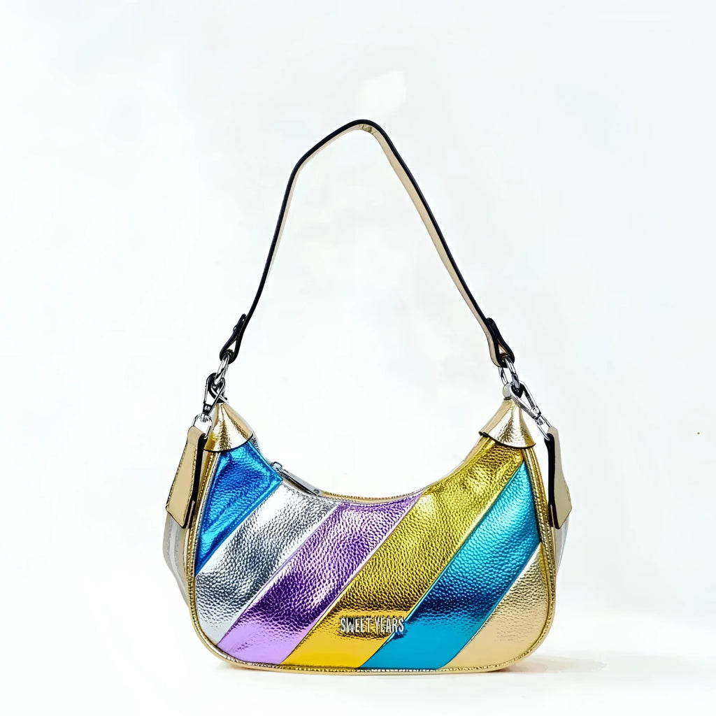 Rainbow Metallic Borsa A Tracolla Rigata Ecopelle Compatta Con Chiusura A Cerniera