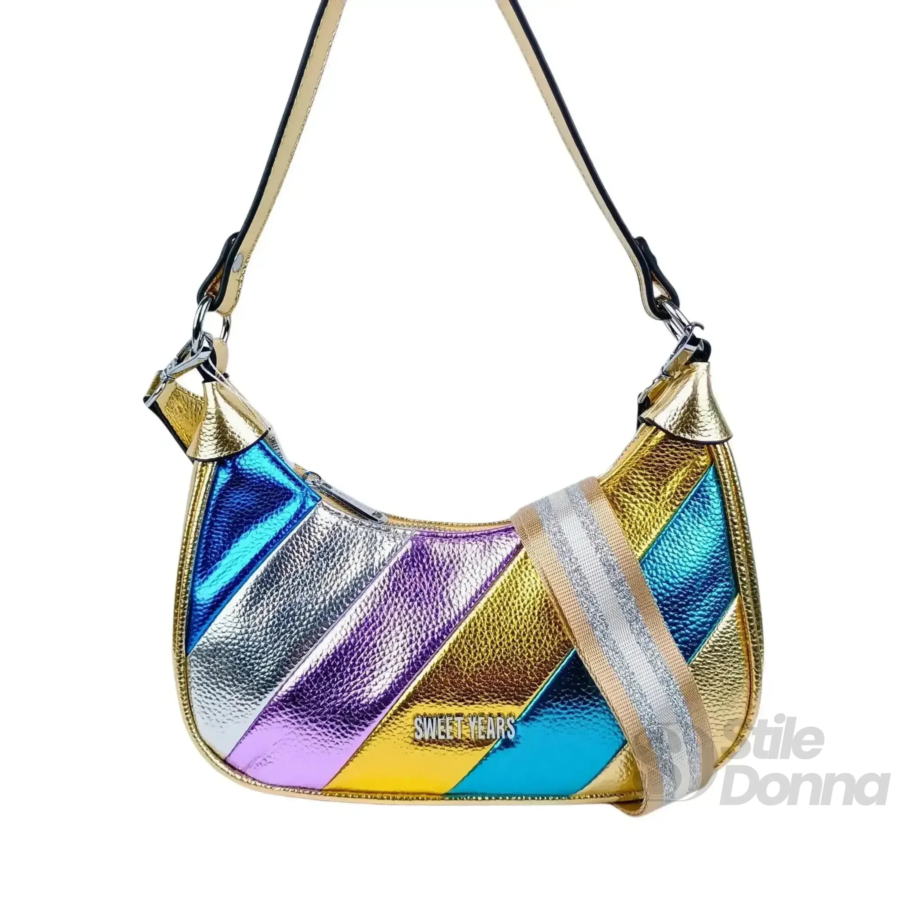 Rainbow Metallic Borsa A Tracolla Rigata Ecopelle Compatta Con Chiusura A Cerniera