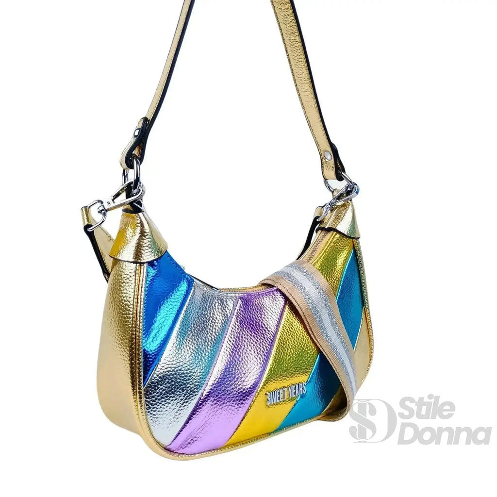 Rainbow Metallic Borsa A Tracolla Rigata Ecopelle Compatta Con Chiusura A Cerniera