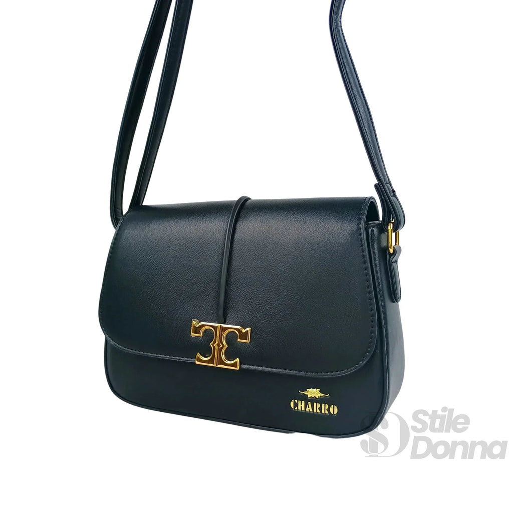 Borsa Charro in pelle nera con chiusura a logo