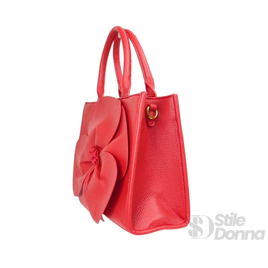 Borsa da Donna in Pelle Rossa con Ricamo Floreale