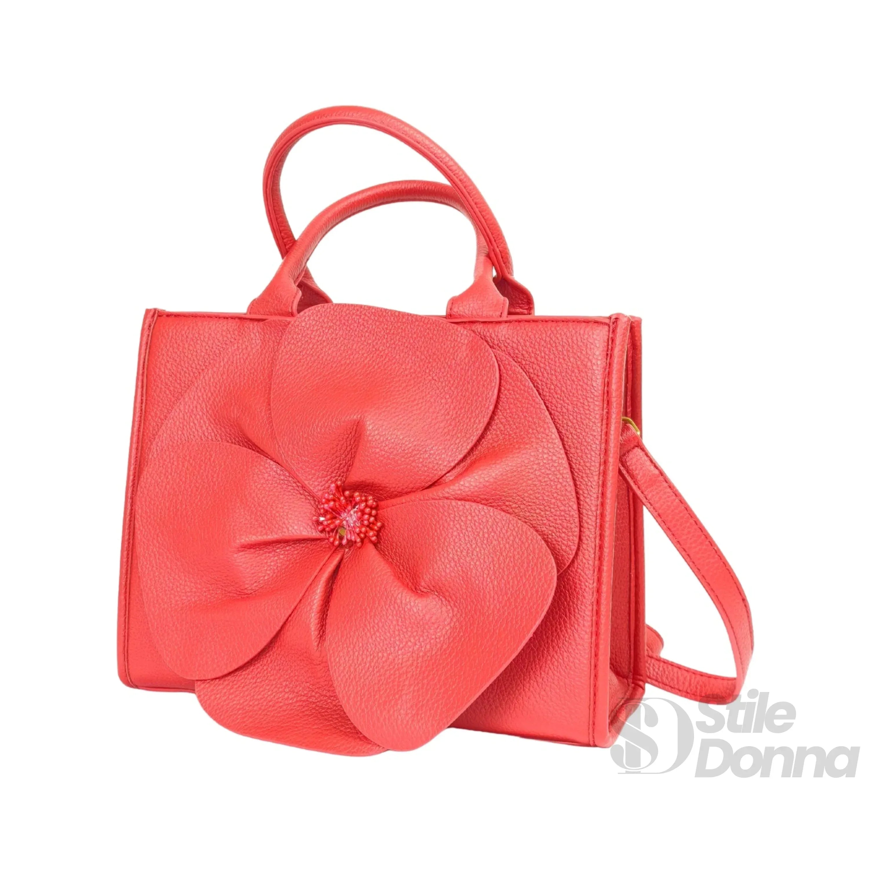 Borsa da Donna in Pelle Rossa con Ricamo Floreale