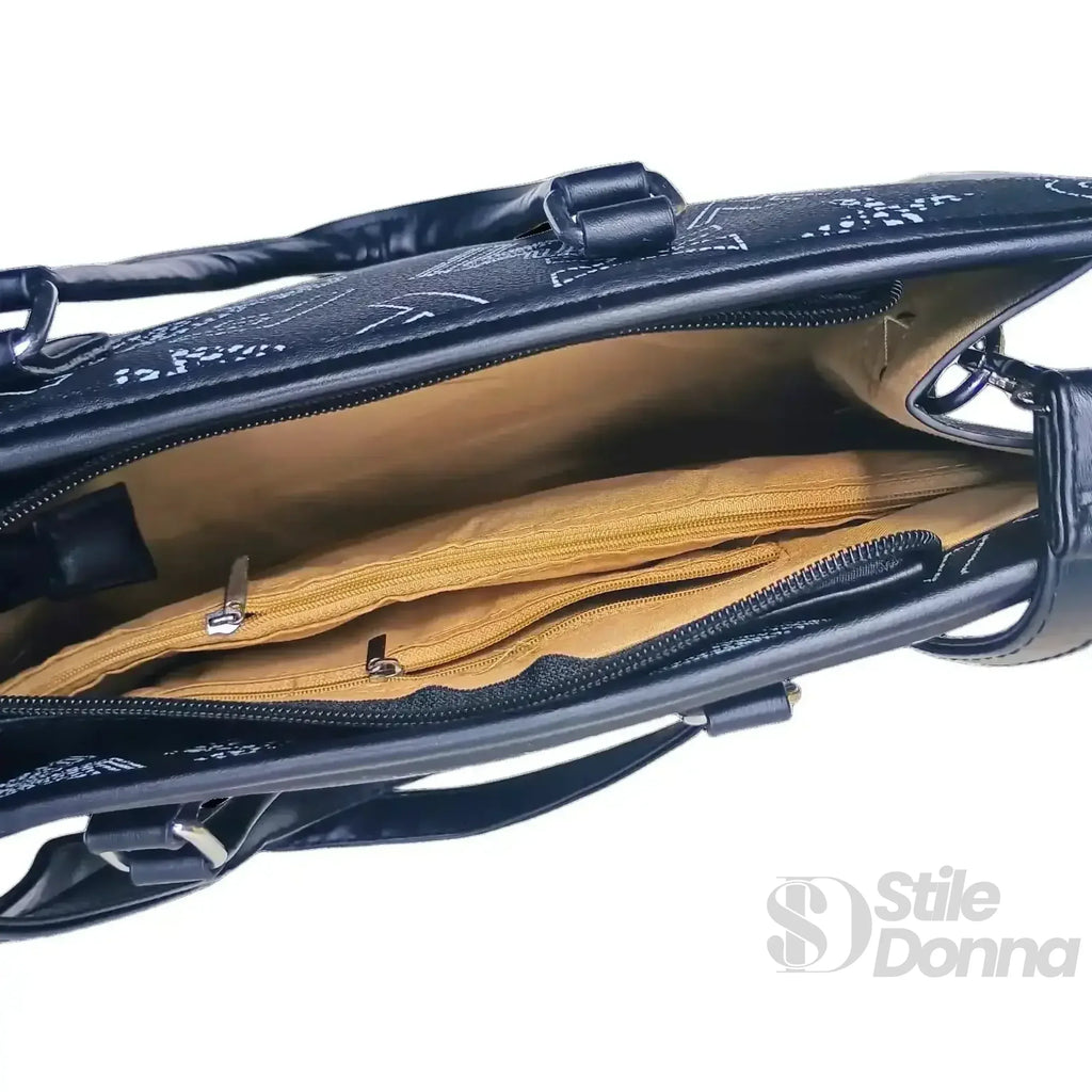 Borsa Da Donna Nera Di Design Con Stampa E Tracolla In Ecopelle Chiusura A Cerniera Interno In Tessuto