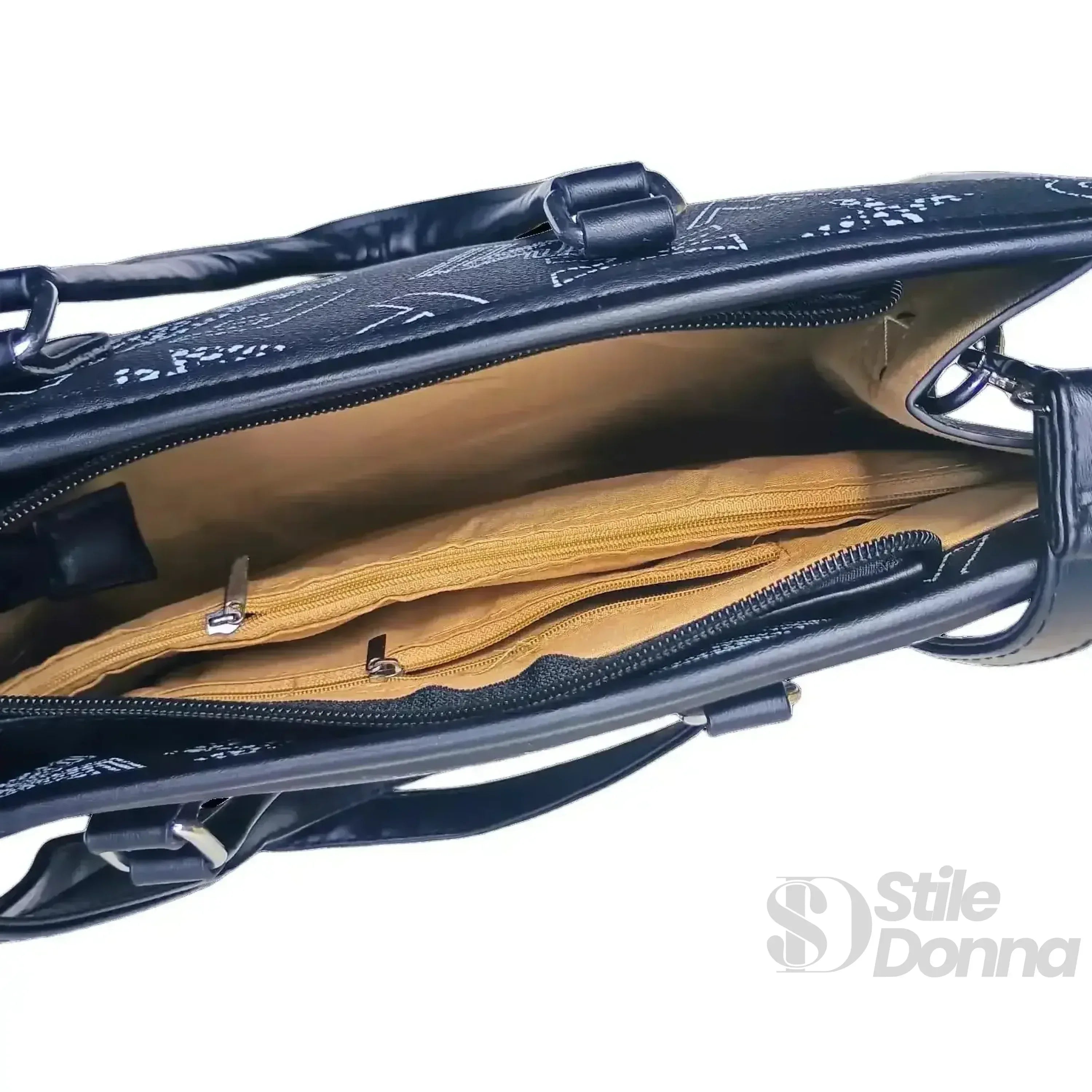 Borsa Da Donna Nera Di Design Con Stampa E Tracolla In Ecopelle Chiusura A Cerniera Interno In Tessuto