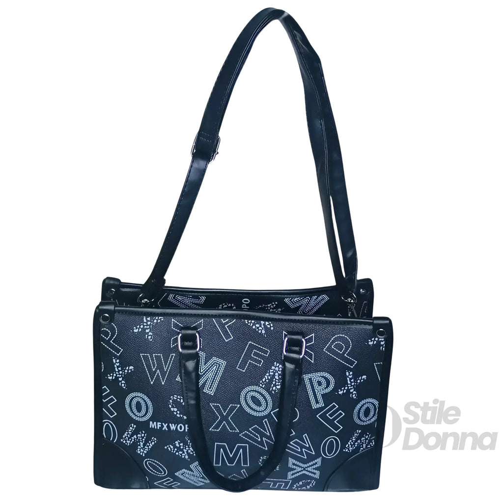 Borsa Da Donna Nera Di Design Con Stampa E Tracolla In Ecopelle Chiusura A Cerniera Interno In Tessuto
