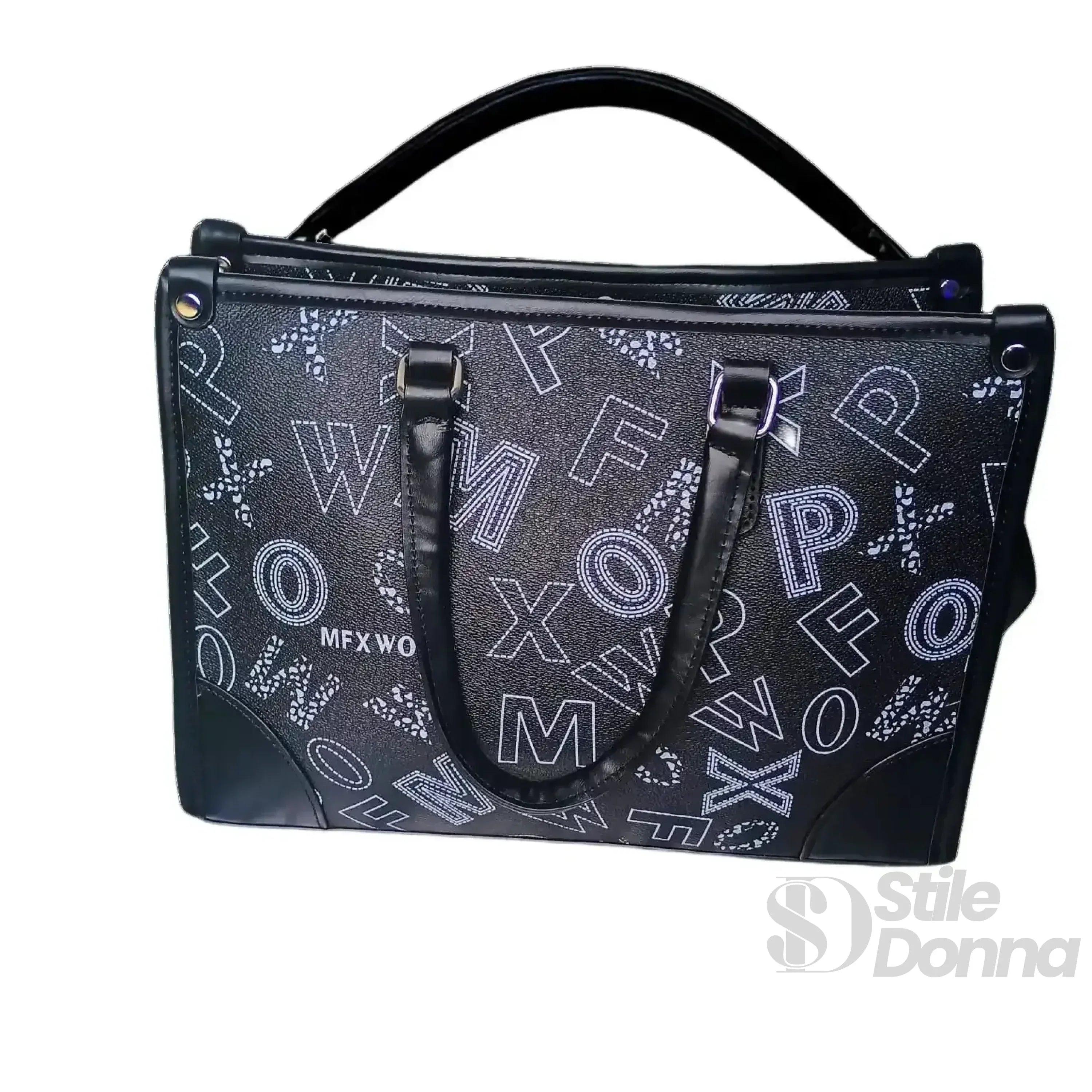 Borsa Da Donna Nera Di Design Con Stampa E Tracolla In Ecopelle Chiusura A Cerniera Interno In Tessuto