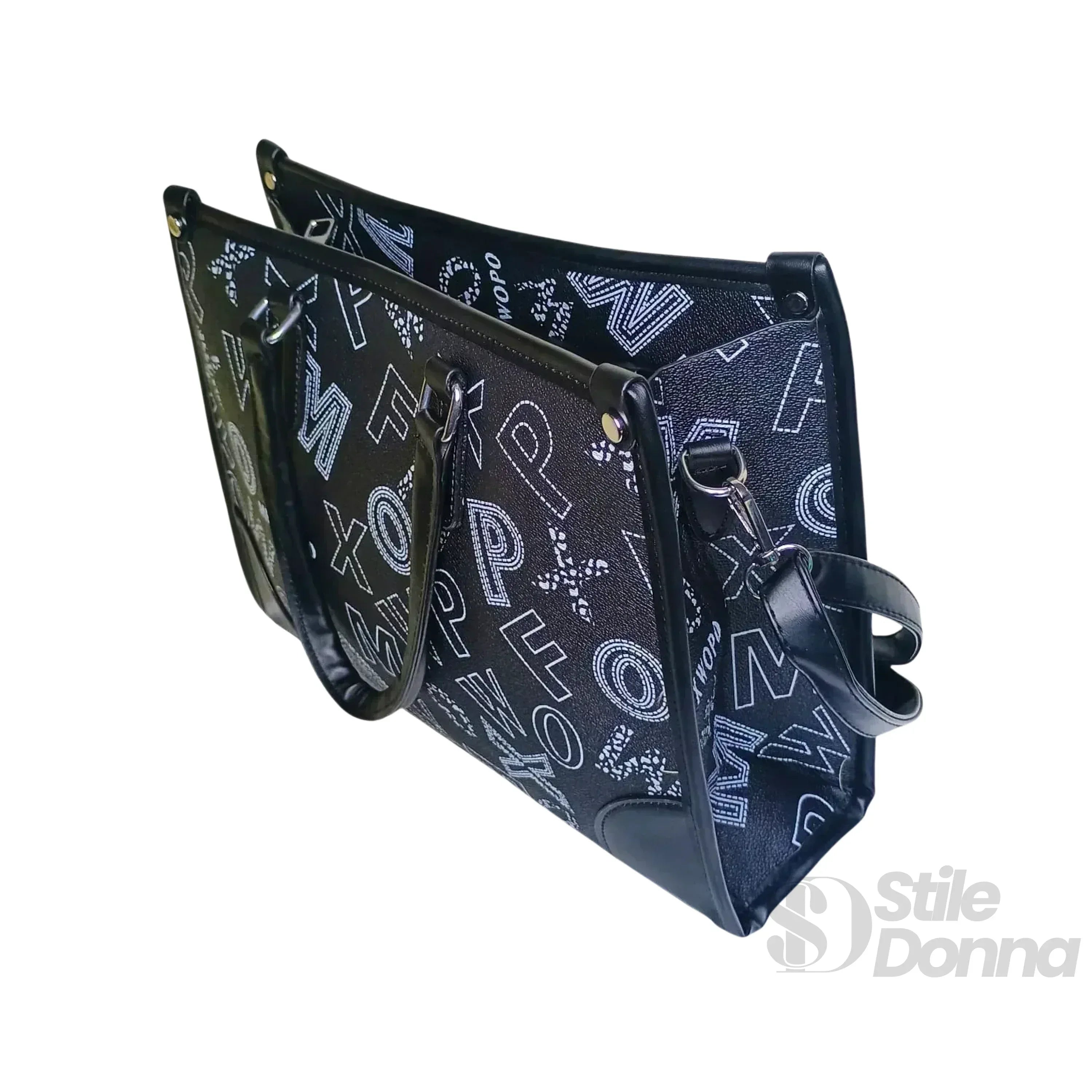 Borsa Da Donna Nera Di Design Con Stampa E Tracolla In Ecopelle Chiusura A Cerniera Interno In Tessuto