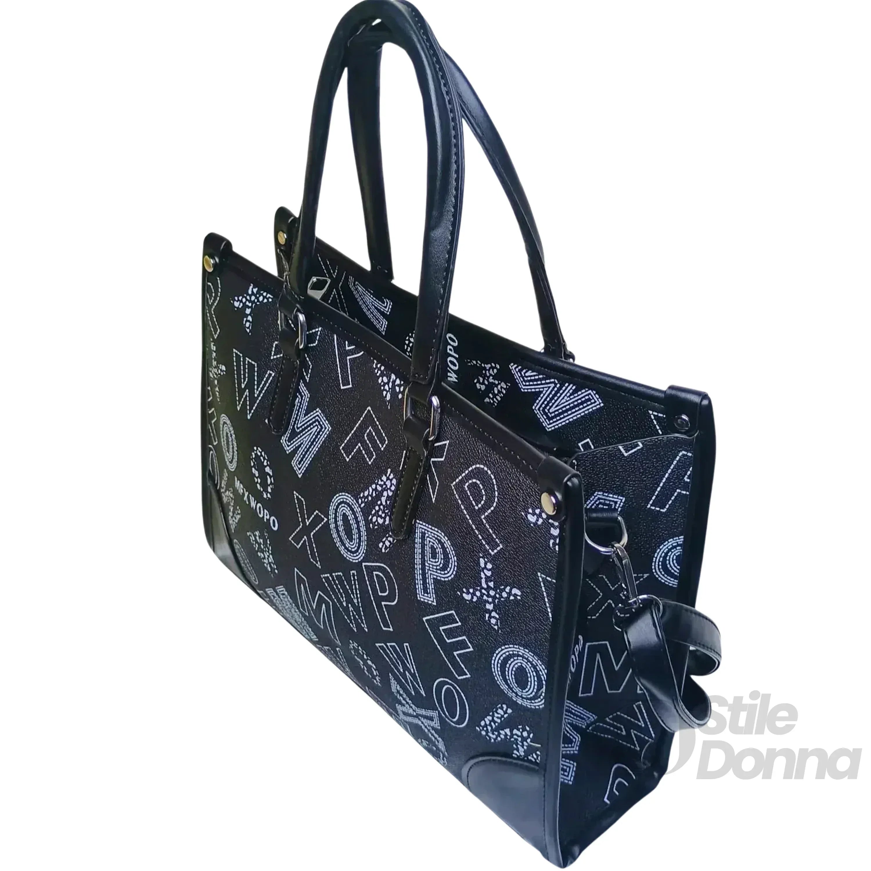 Borsa Da Donna Nera Di Design Con Stampa E Tracolla In Ecopelle Chiusura A Cerniera Interno In Tessuto
