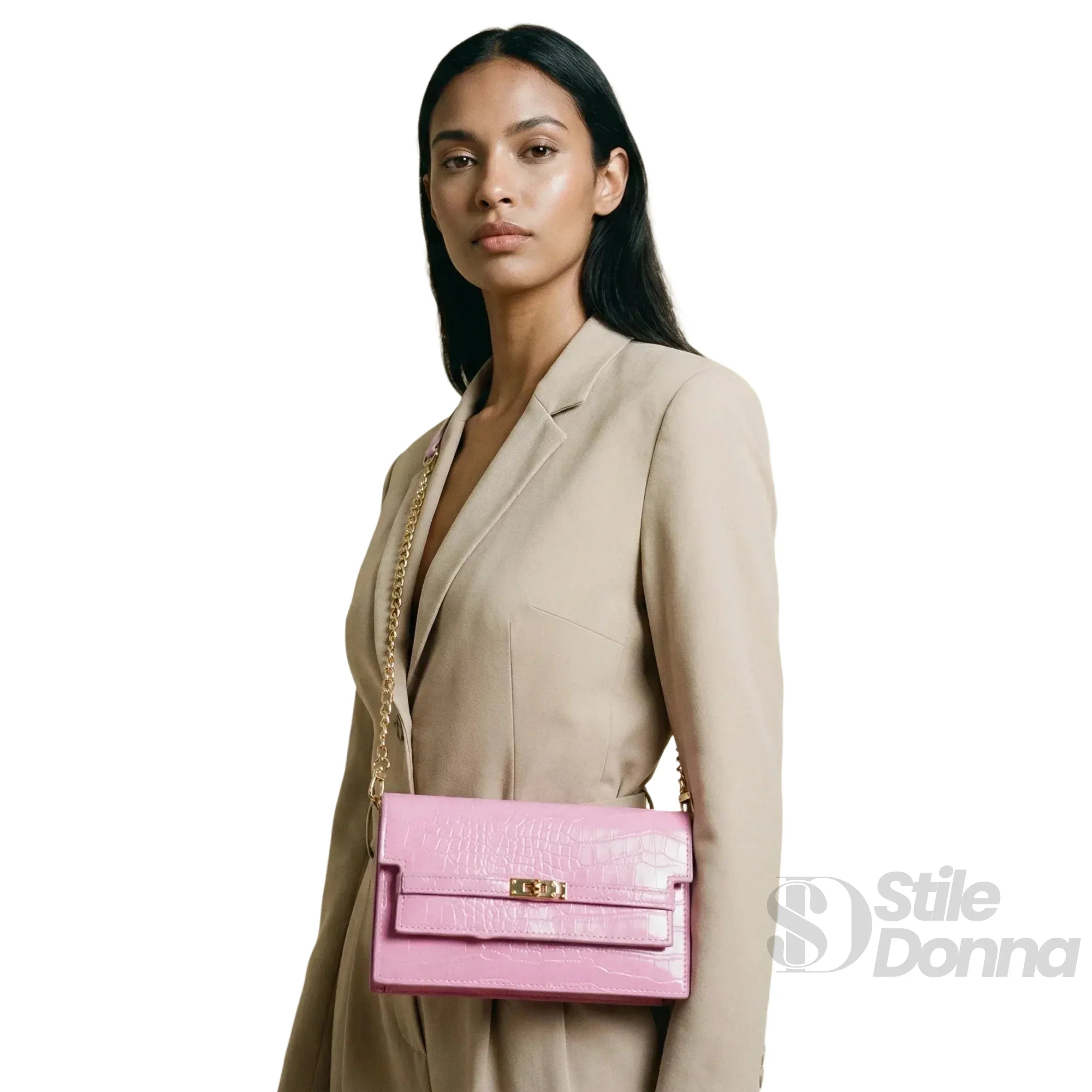 Borsa Donna In Similpelle Rosa Con Texture Coccodrillo Elegante E Versatile Per Ogni Occasione