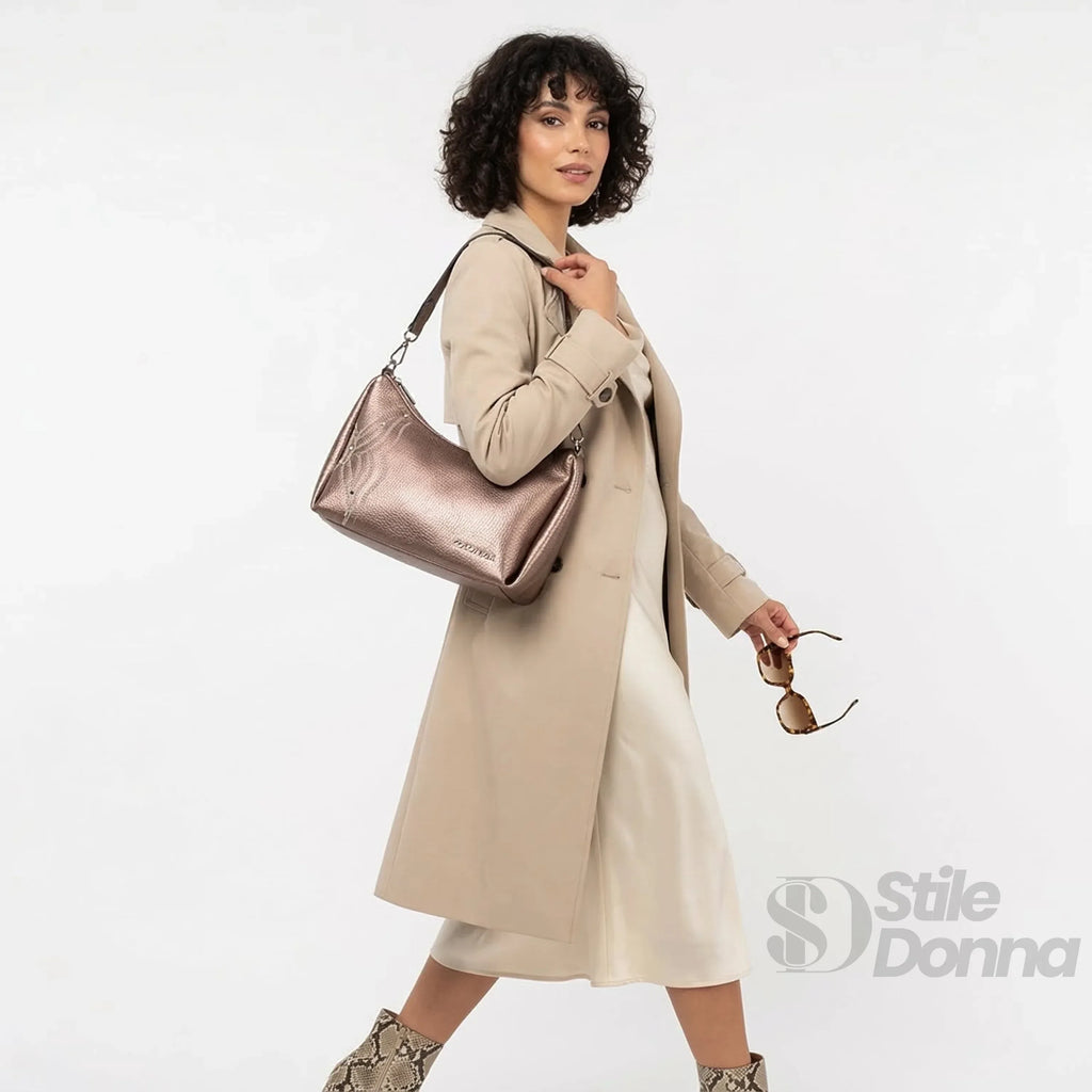 Borsa Donna Ecopelle Rosa Oro Metallizzato Con Perline Per Serate E Occasioni Speciali
