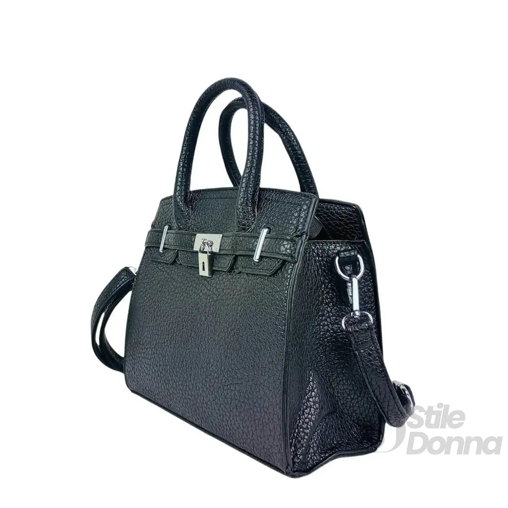 Borsa Elegante In Pelle Nera Martellata Con Finiture In Acciaio Argento, Interno Con Tasche Per Smartphone