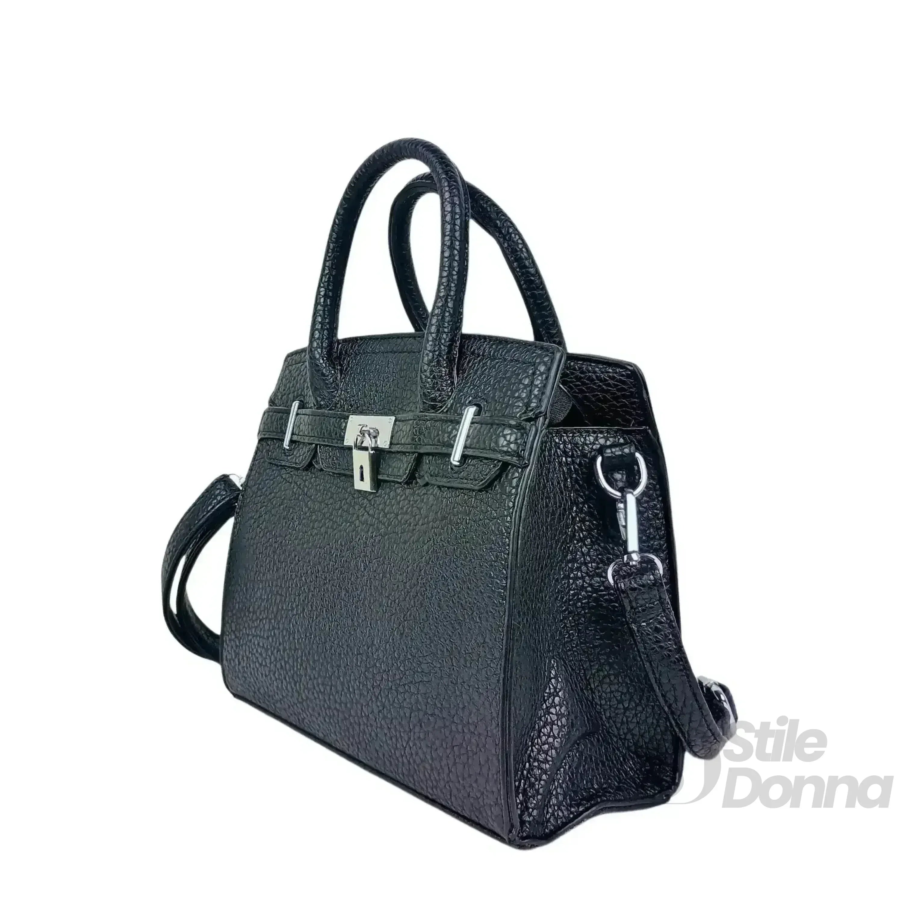 Borsa Elegante In Pelle Nera Martellata Con Finiture In Acciaio Argento, Interno Con Tasche Per Smartphone