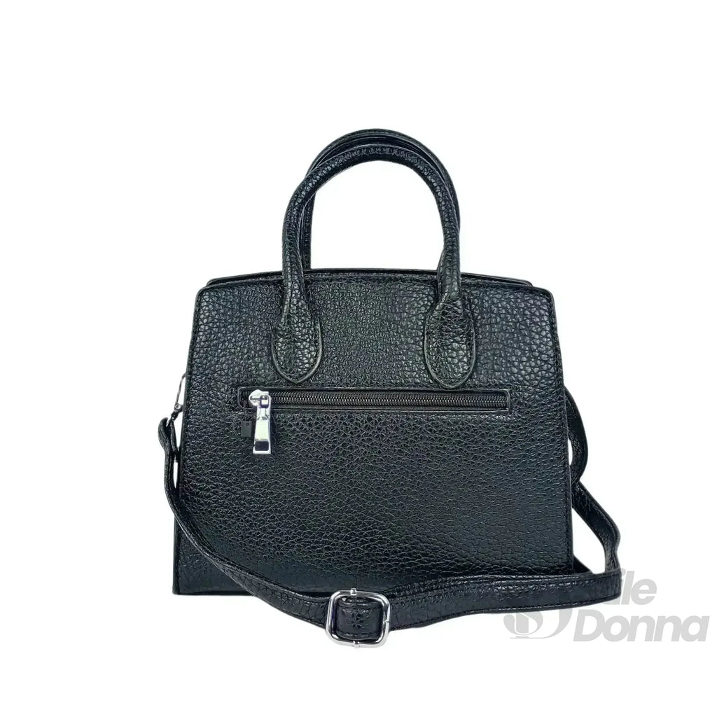 Borsa Elegante In Pelle Nera Martellata Con Finiture In Acciaio Argento, Interno Con Tasche Per Smartphone