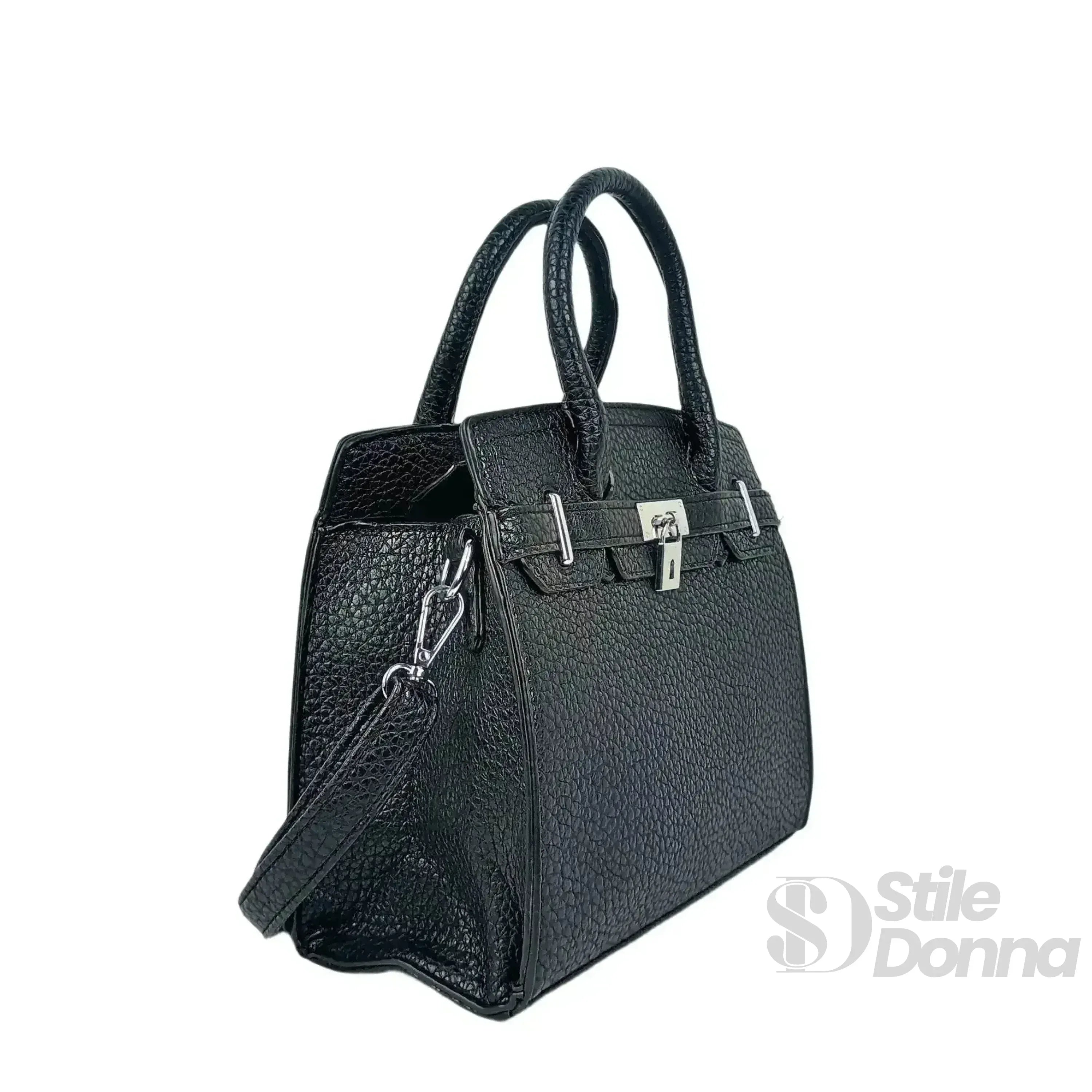 Borsa Elegante In Pelle Nera Martellata Con Finiture In Acciaio Argento, Interno Con Tasche Per Smartphone