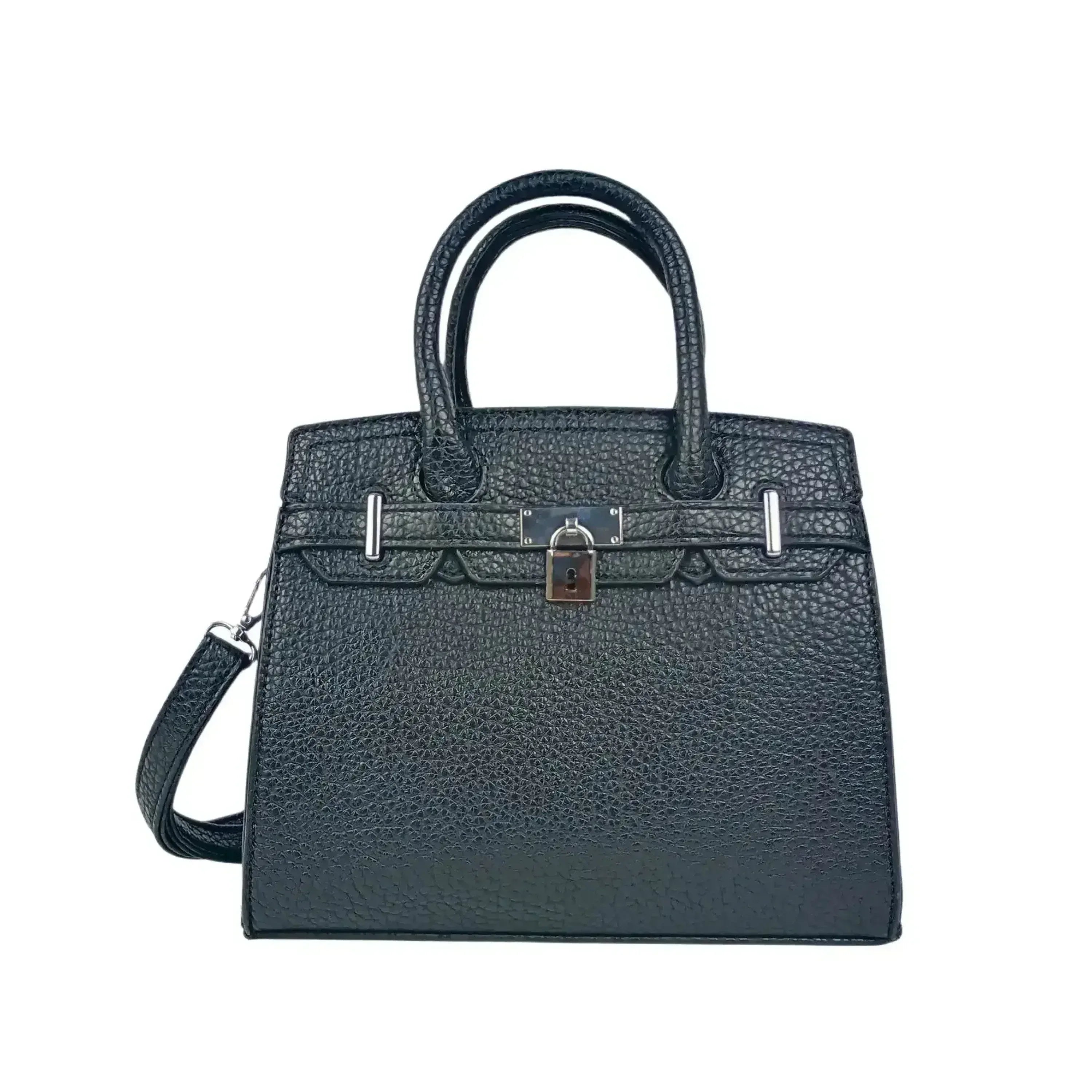 Borsa Elegante In Pelle Nera Martellata Con Finiture In Acciaio Argento, Interno Con Tasche Per Smartphone