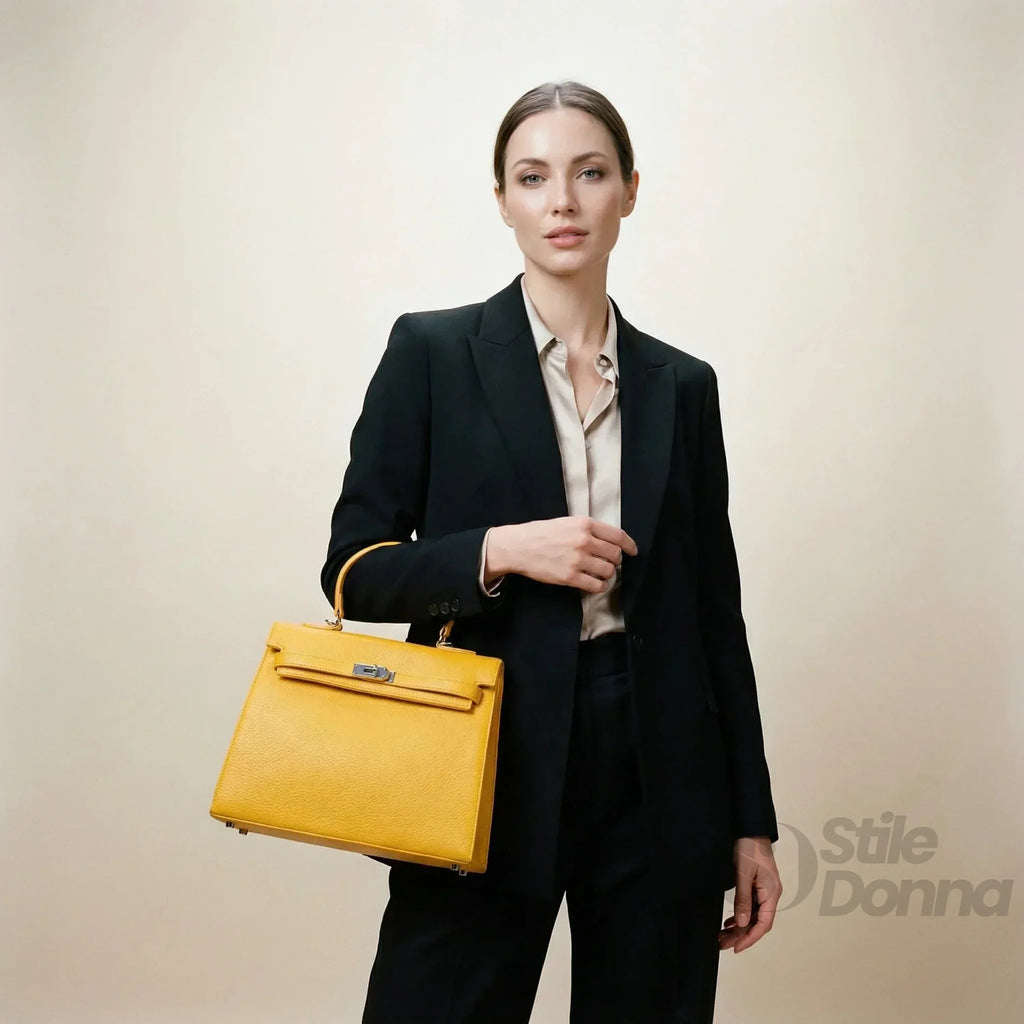 Borsa Gialla Con Dettagli In Metallo Argentato In Ecopelle Con Fodera In Microfibra