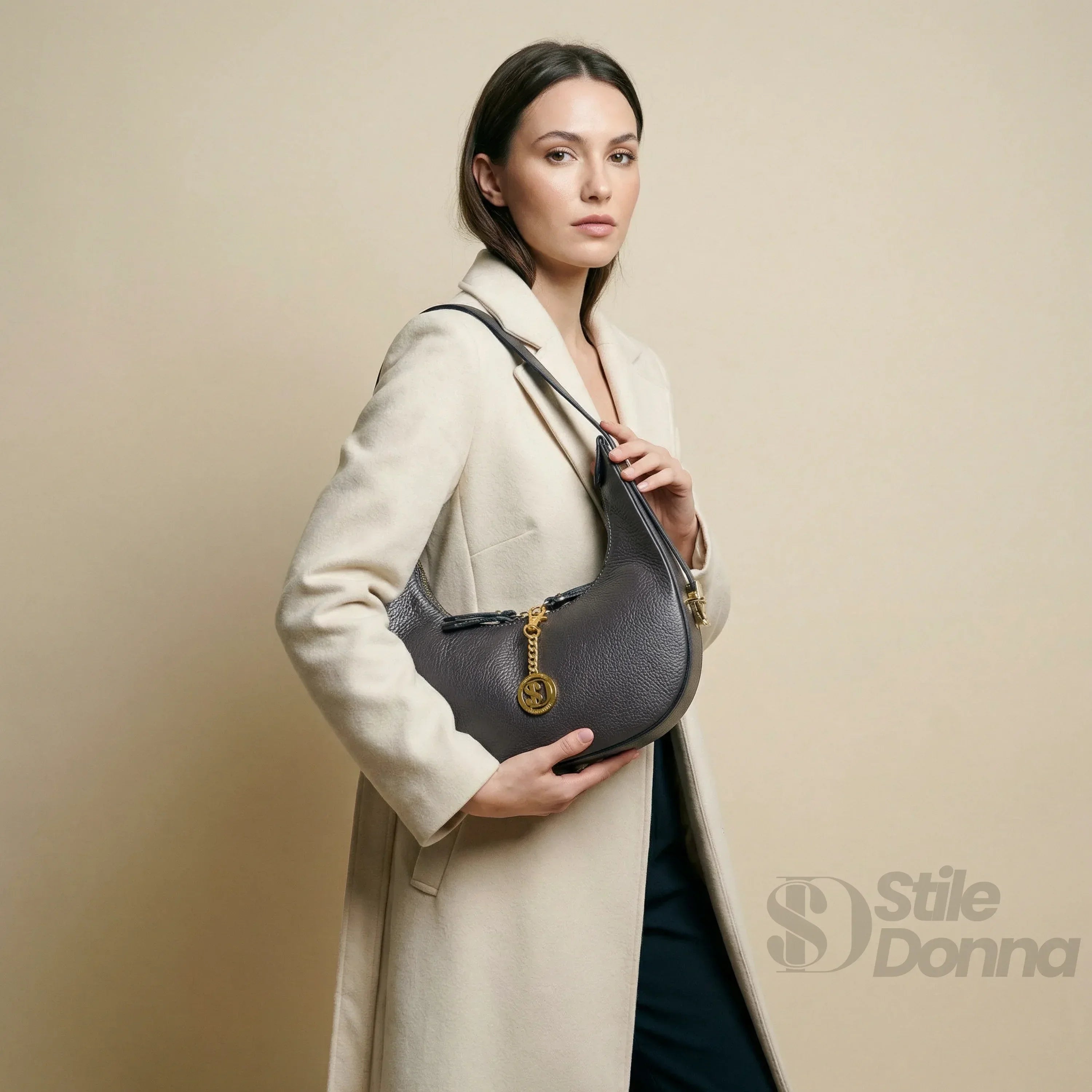 Elite Borsa Hobo Donna In Vera Pelle Con Fodera Tessuto Prodotta In Italia Modello Classico